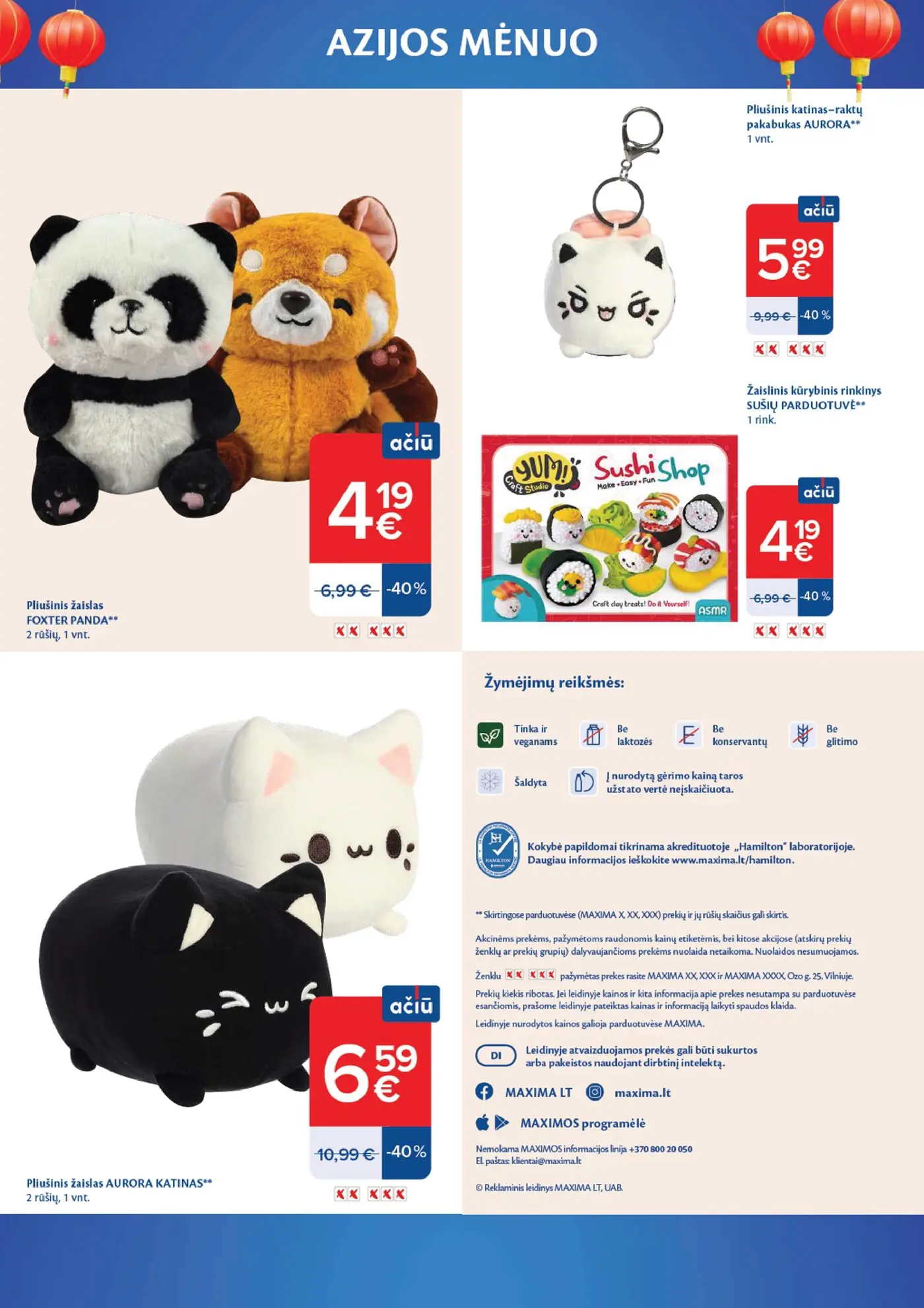 Naujas Maxima nuolaidų leidinys - AZIJOS MĖNUO – 25 puslapis: Pliušinis žaislas FOXTER PANDA, 1 vnt, Žaislinis kūrybinis rinkinys SUSIŲ PARDUOTUVĖ, 1 rink., Pliušinis žaislas AURORA KATINAS, 1 vnt