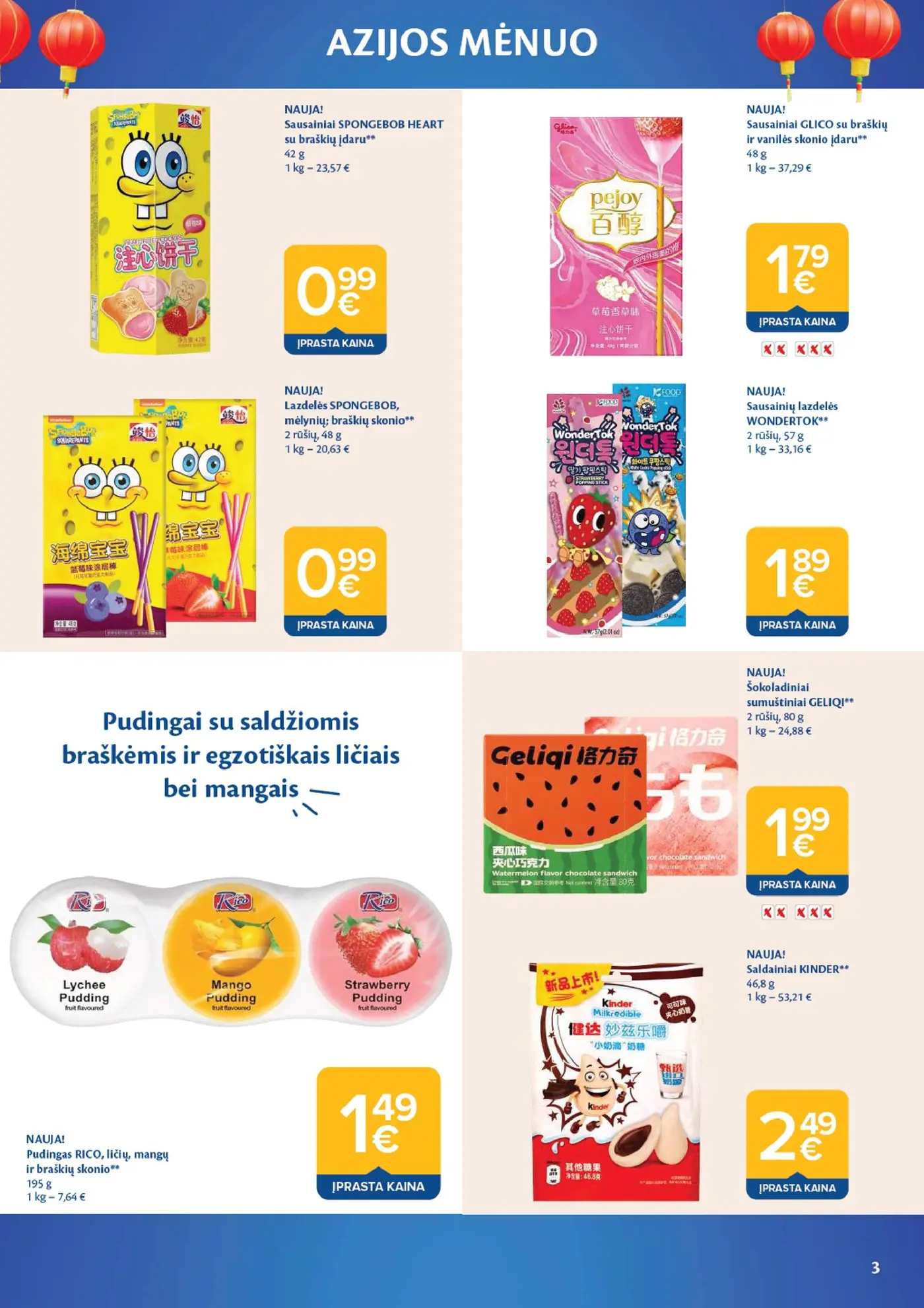 Naujas Maxima nuolaidų leidinys - AZIJOS MĖNUO – 3 puslapis: Sausainiai SPONGEBOB HEART, 42 g, Lazdelės SPONGEBOB, 48 g, Pudingas RICO, 195 g