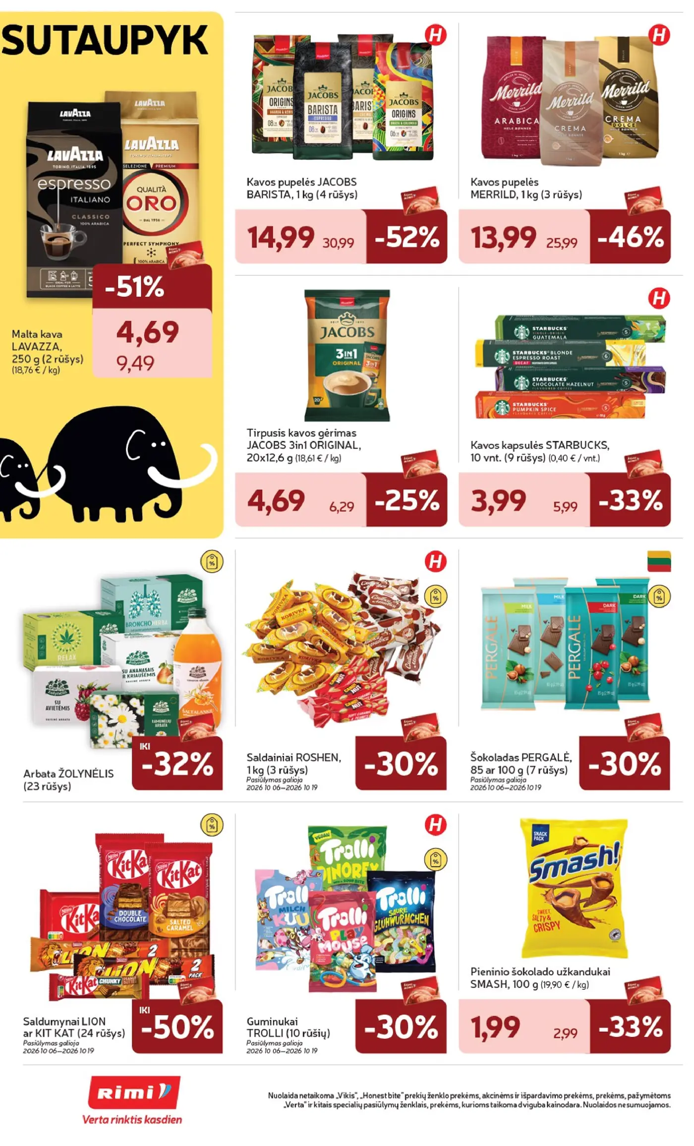 „Rimi“ savaitinis leidinys Nr. 41 (2026.10.06 - 2026.10.12) – 22 puslapis: Saldainiai ROSHEN, 1 kg, PERGALĖ šokoladams, 100 g, Saldumynai LION ar KIT KAT