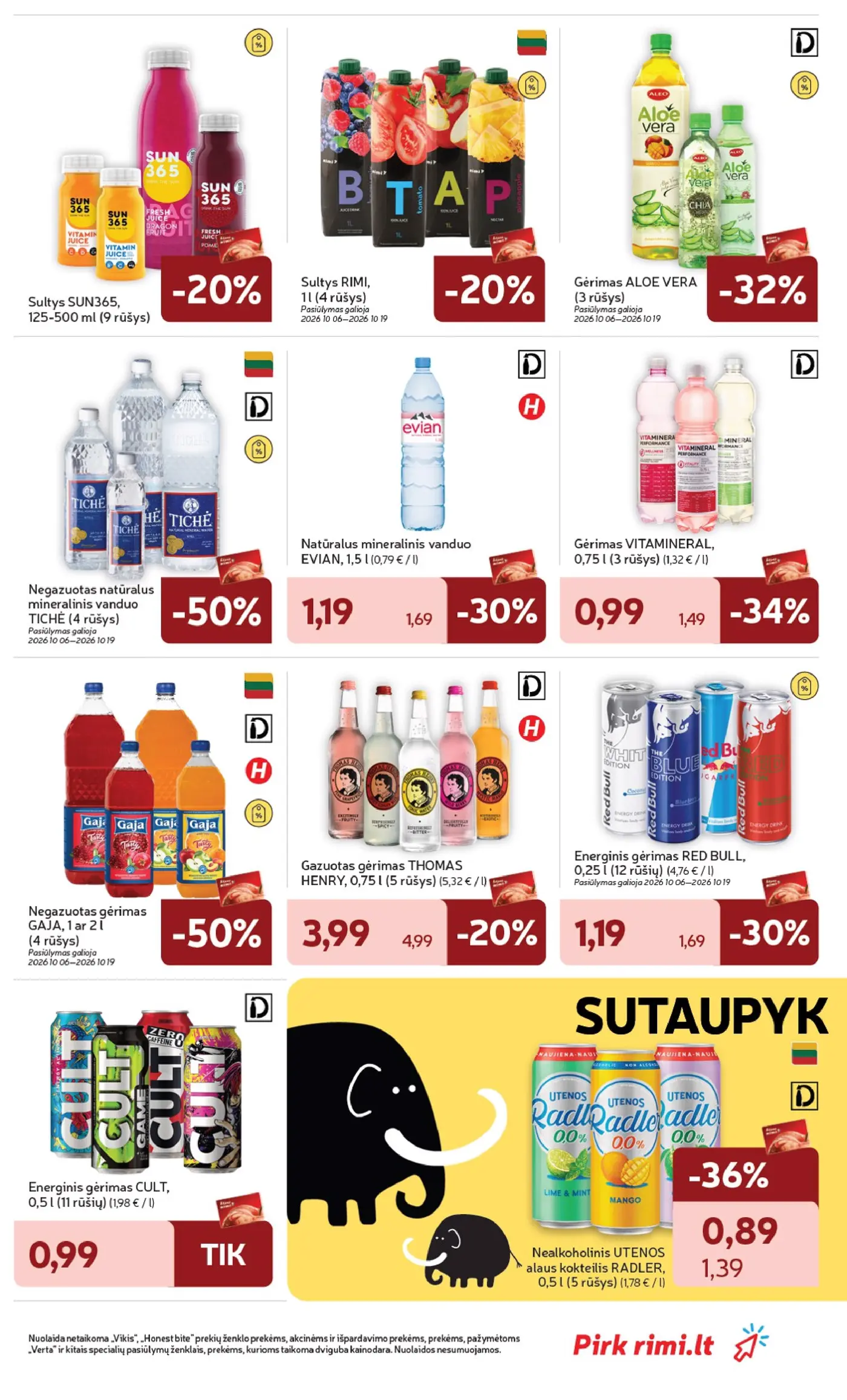 „Rimi“ savaitinis leidinys Nr. 41 (2026.10.06 - 2026.10.12) – 27 puslapis: Sultys RIMI, 1 l, Gėrimas ALOE VERA, Negazuotas natūralus mineralinis vanduo TICHĖ