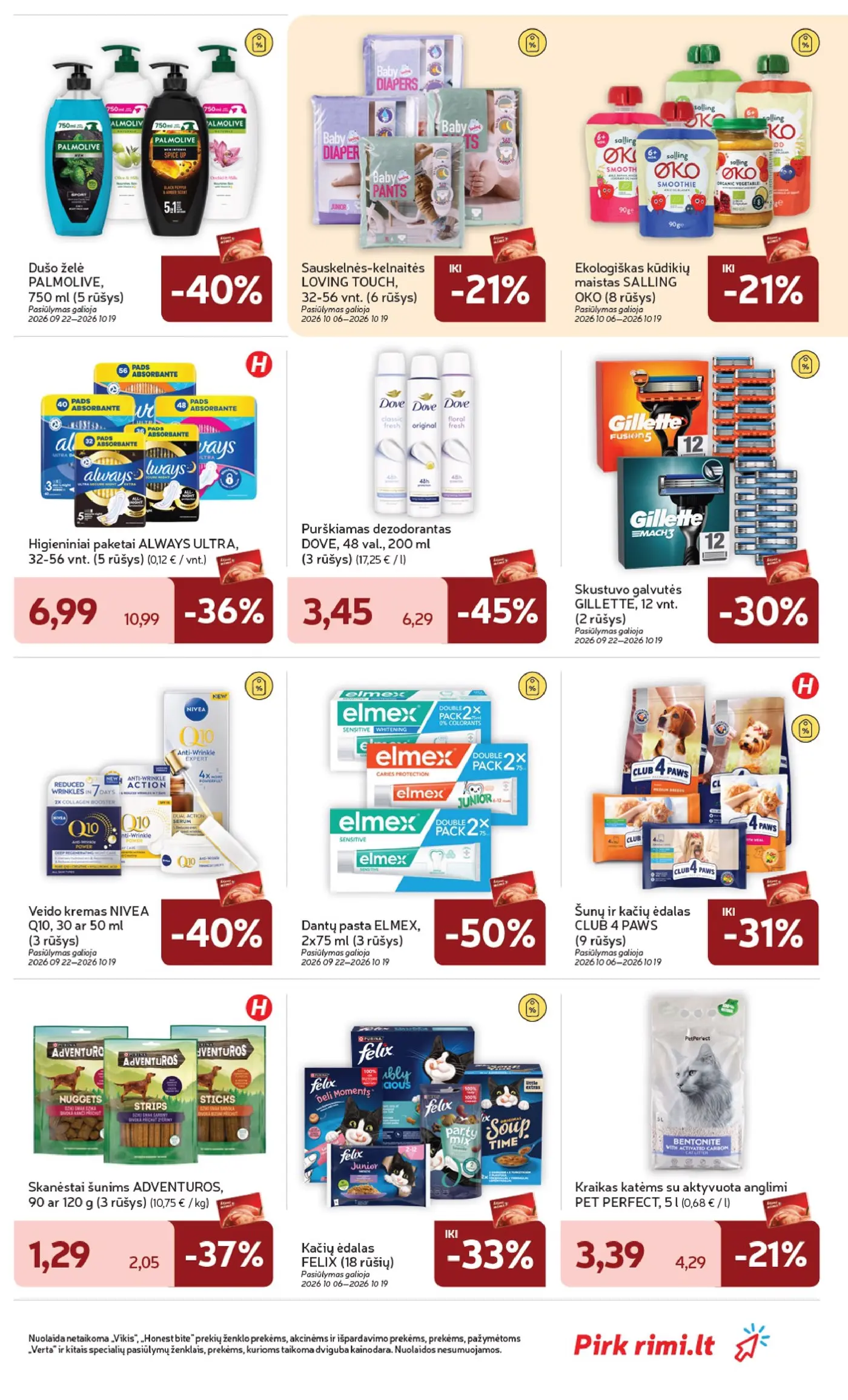 „Rimi“ savaitinis leidinys Nr. 41 (2026.10.06 - 2026.10.12) – 29 puslapis: Dušo želė PALMOLIVE, 750 ml, Dantų pasta ELMEX, 2 x 75 ml, Skustuvo galvutės GILLETTE, 12 vnt