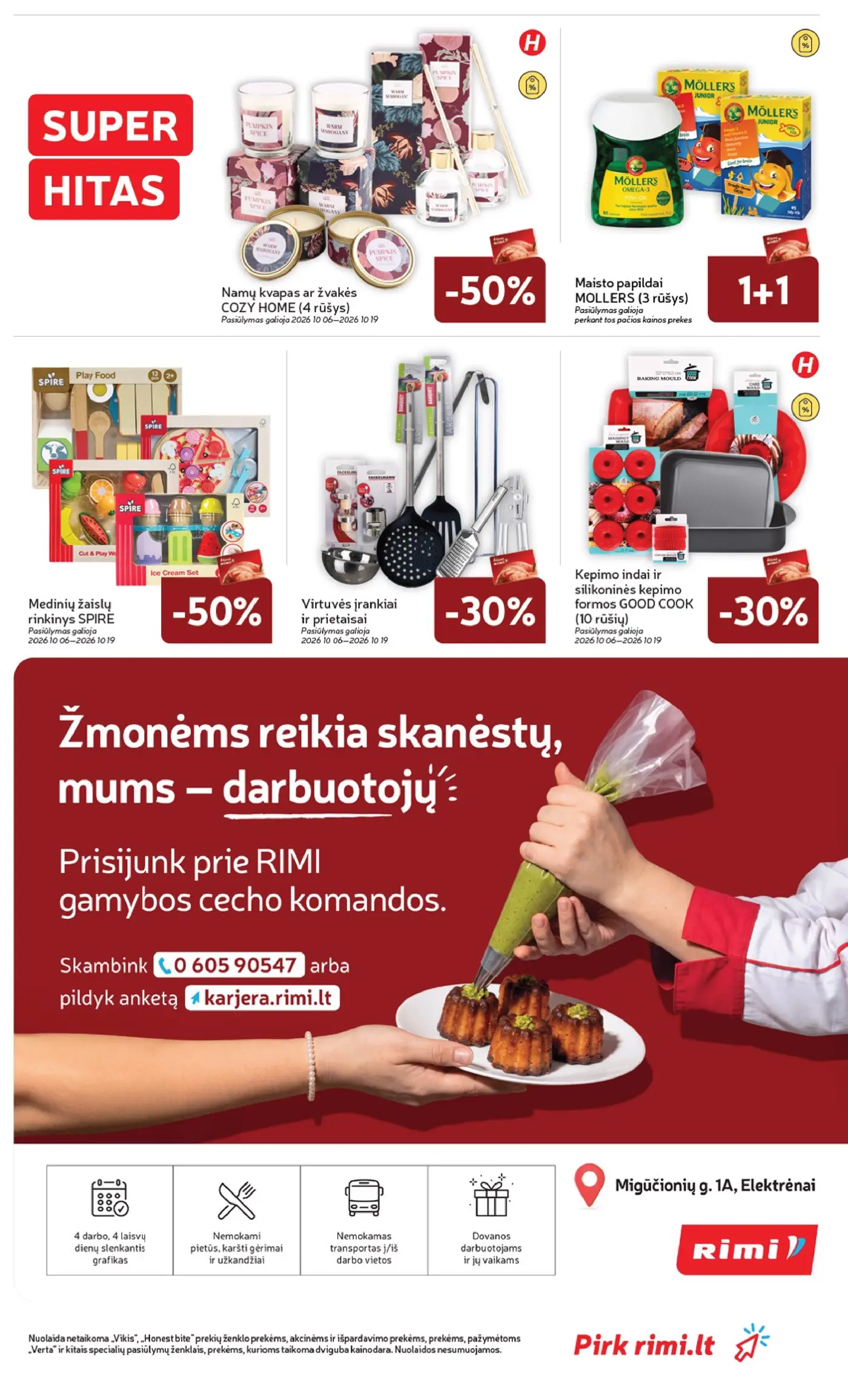 „Rimi“ savaitinis leidinys Nr. 41 (2026.10.06 - 2026.10.12) – 35 puslapis: Namų kvapas ar žvakės COZY HOME, Medinių žaislų rinkinys SPIRE, Virtuvės įrankiai ir prietaisai