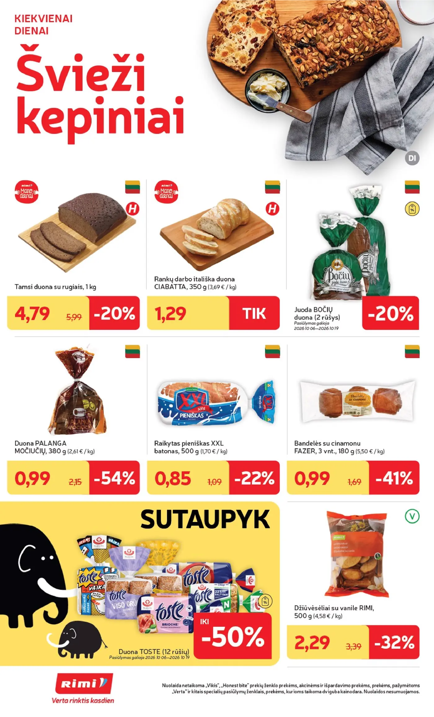 „Rimi“ savaitinis leidinys Nr. 41 (2026.10.06 - 2026.10.12) – 8 puslapis: Duona TOSTE, Juoda BOČIŲ duona