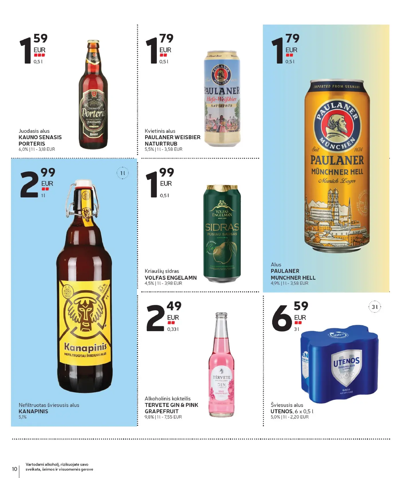 Naujas Rimi nuolaidų leidinys - Alkoholinių gėrimų asortimento katalogas Nr. 20 – 10 puslapis: Juodasis alus KAUNO SENASIS PORTERIS, 0.5 l, Kvietinis alus PAULANER WEISBIER NATURTRUB, 0.5 l, Alus PAULANER MUNCHNER HELL, 0.5 l