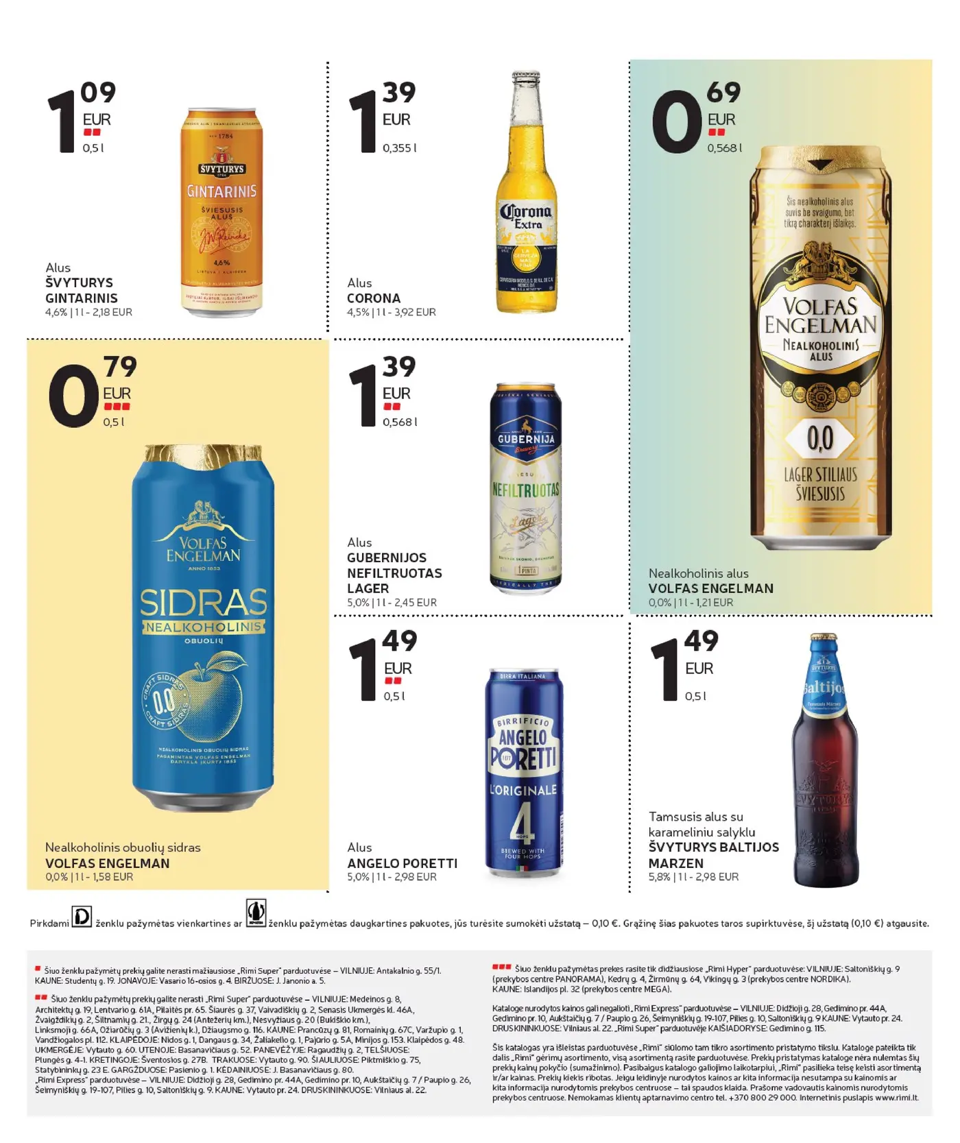 Naujas Rimi nuolaidų leidinys - Alkoholinių gėrimų asortimento katalogas Nr. 20 – 11 puslapis: Alus CORONA, 0.355 l, Alus ŠVYTURYS GINTARINIS, 0.5 l, Nealkoholinis obuolių sidras VOLFAS ENGELMAN, 0.5 l