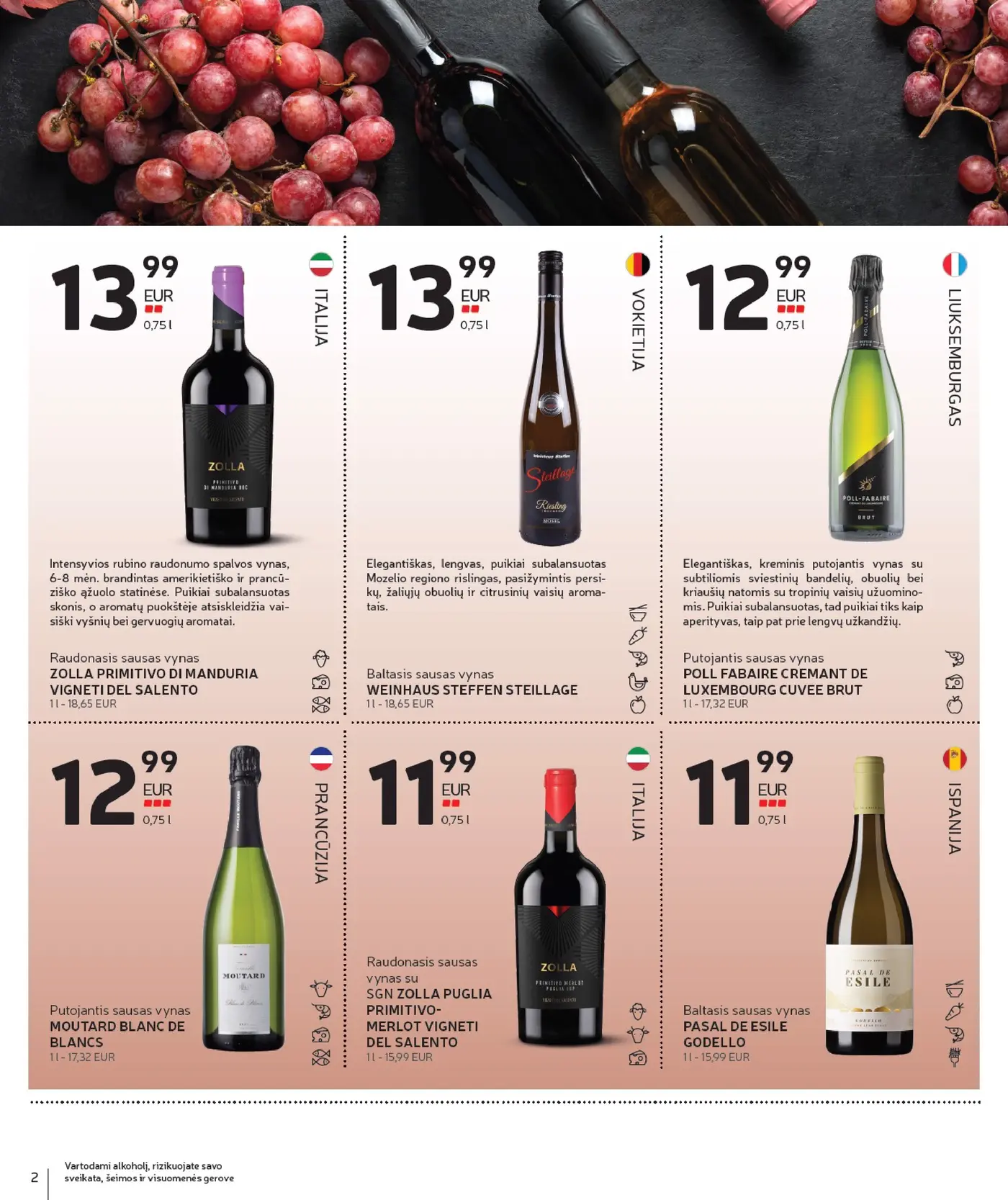 Naujas Rimi nuolaidų leidinys - Alkoholinių gėrimų asortimento katalogas Nr. 20 – 2 puslapis: ZOLLA PRIMITIVO DI MANDURIA VIGNETI DEL SALENTO, 0.75 l, WEINHAUS STEFFEN STEILLAGE, 0.75 l, POLL FABAIRE CREMANT DE LUXEMBOURG CUVEE BRUT, 0.75 l