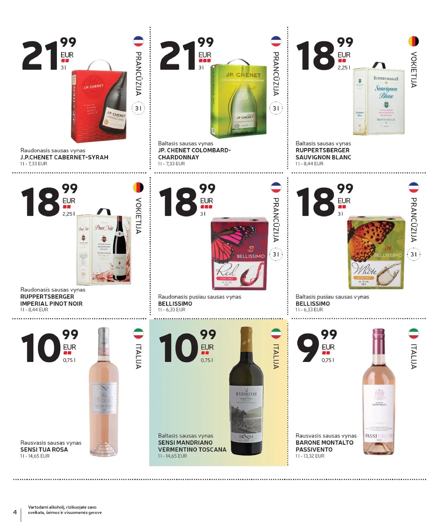 Naujas Rimi nuolaidų leidinys - Alkoholinių gėrimų asortimento katalogas Nr. 20 – 4 puslapis: Raudonasis sausas vynas J.P.CHENET CABERNET-SYRAH, 3 l, Baltasis sausas vynas JP. CHENET COLOMBARD-CHARDONNAY, 3 l, Baltasis sausas vynas RUPPERTSBERGER SAUVIGNON BLANC, 2.25 l
