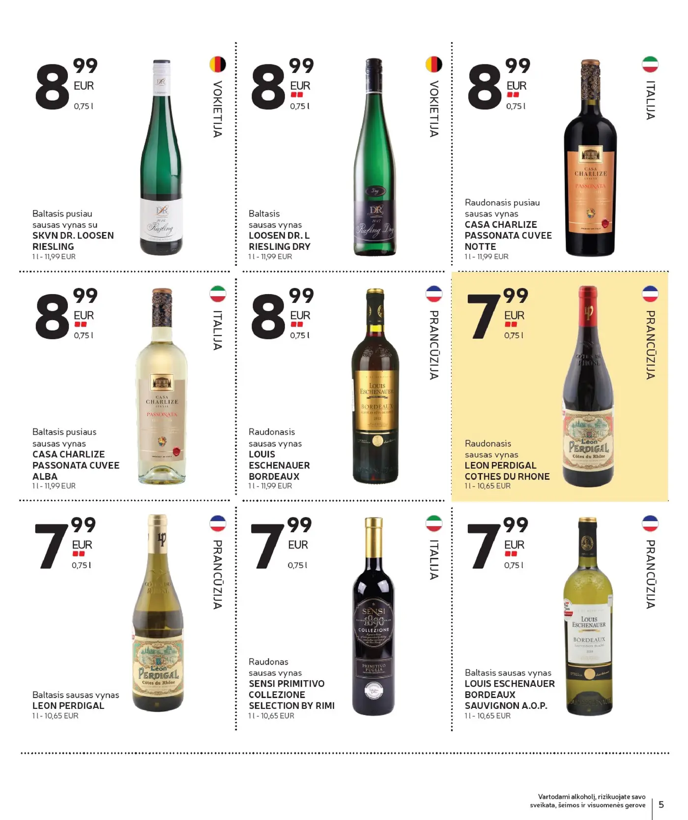 Naujas Rimi nuolaidų leidinys - Alkoholinių gėrimų asortimento katalogas Nr. 20 – 5 puslapis: Baltasis pusiau sausas vynas su SKVN DR. LOOSEN RIESLING, 0.75 l, Baltasis sausas vynas LOOSEN DR. L RIESLING DRY, 0.75 l, Raudonasis pusiau sausas vynas CASA CHARLIZE PASSONATA CUVEE NOTTE, 0.75 l