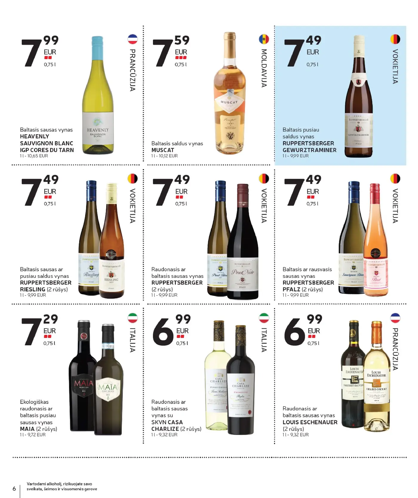 Naujas Rimi nuolaidų leidinys - Alkoholinių gėrimų asortimento katalogas Nr. 20 – 6 puslapis: Baltasis sausas vynas HEAVENLY SAUVIGNON BLANC IGP CORES DU TARN, 0.75 l, Baltasis saldus vynas MUSCAT, 0.75 l, Baltasis pusiau saldus vynas RUPPERTSBERGER GEWURZTRAMINER, 0.75 l