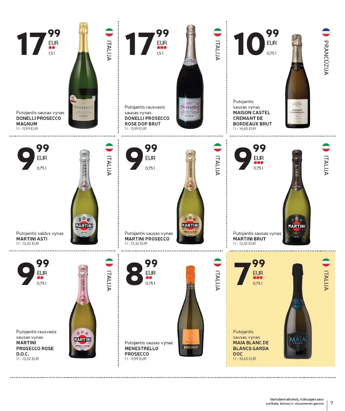 Naujas Rimi nuolaidų leidinys - Alkoholinių gėrimų asortimento katalogas Nr. 20 – 7 puslapis: Putojantis sausas vynas DONELLI PROSECCO MAGNUM, 1.5 l, Putojantis rausvasis sausas vynas DONELLI PROSECCO ROSE DOP BRUT, 1.5 l, Putojantis sausas vynas MAISON CASTEL CREMANT DE BORDEAUX BRUT, 0.75 l