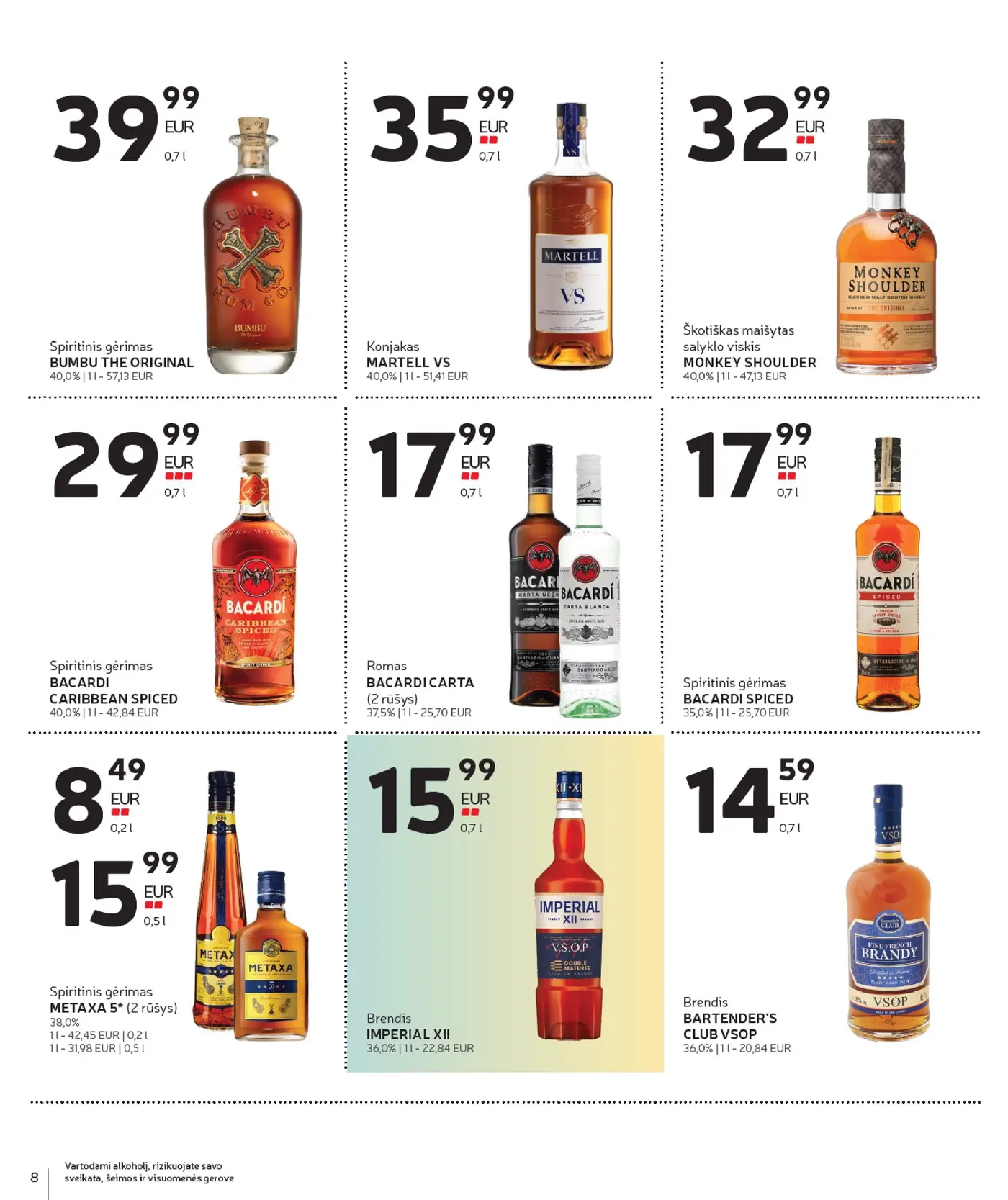 Naujas Rimi nuolaidų leidinys - Alkoholinių gėrimų asortimento katalogas Nr. 20 – 8 puslapis: Spiritinis gėrimas BUMBU THE ORIGINAL, 0.7 l, Konjakas MARTELL VS, 0.7 l, Škotiškas maišytas salyklo viskis MONKEY SHOULDER, 0.7 l