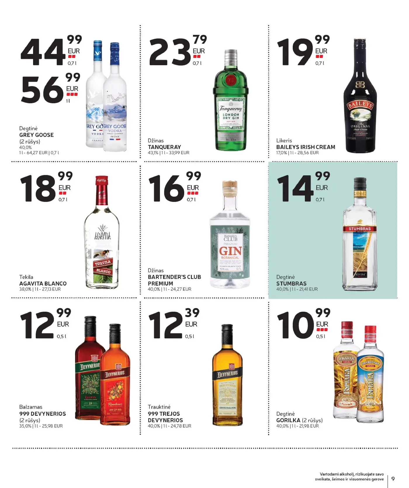 Naujas Rimi nuolaidų leidinys - Alkoholinių gėrimų asortimento katalogas Nr. 20 – 9 puslapis: Degtinė GREY GOOSE, 0.7 l, Džinas TANQUERAY, 0.7 l, Likeris BAILEYS IRISH CREAM, 0.7 l
