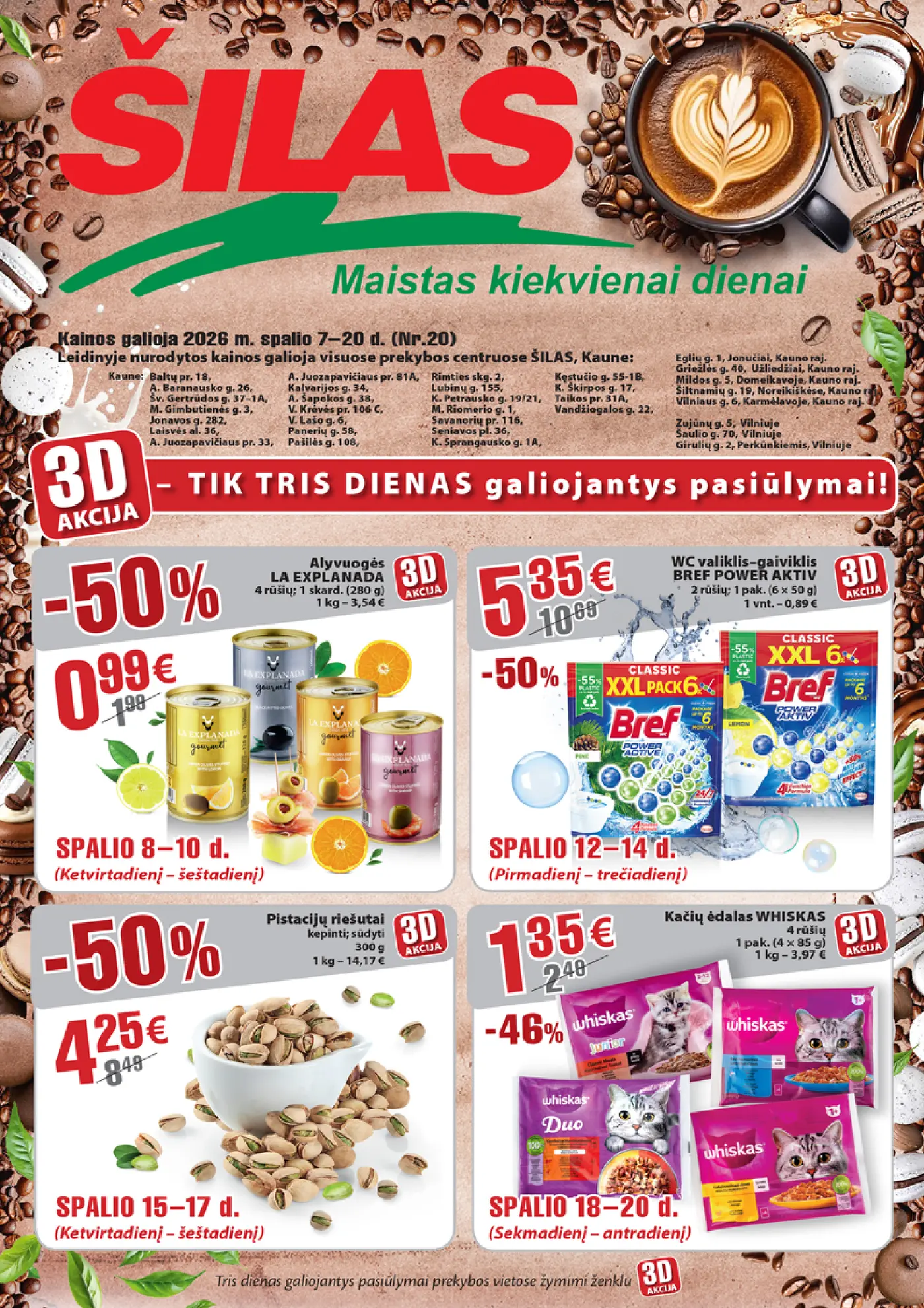 Šilas leidinys Nr. 20 – 1 puslapis: WC valiklis-gaiviklis BREF POWER AKTIV, 6 x 50 g, Pistacijų riešutams, 300 g, Kačių ėdalas WHISKAS, 4 x 85 g