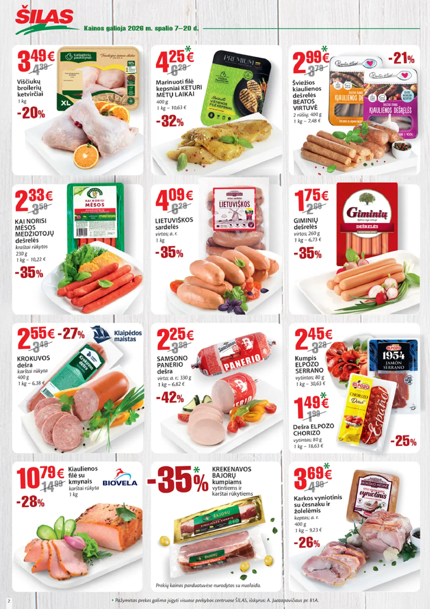 Šilas leidinys Nr. 20 – 2 puslapis: Viščiukų broilerių ketvirčiai, 1 kg, Marinuoti filė kepsniai KETURI METŲ LAIKAI, 400 g, Šviežios kiaulienos dešrelės BEATOS VIRTUVĖ, 400 g