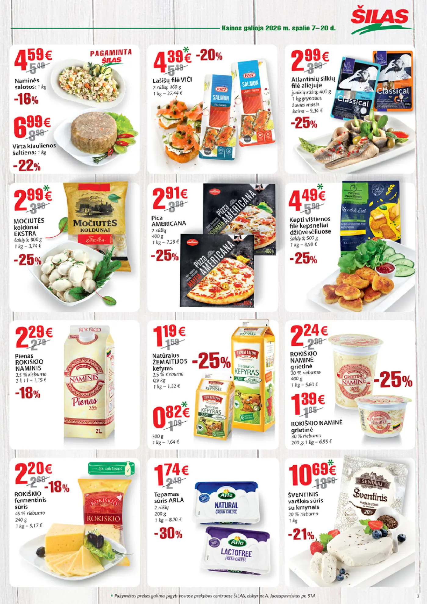Šilas leidinys Nr. 20 – 3 puslapis: Naminės salotos, 1 kg, Virta kiaulienos šaltiena, 1 kg, Lašišų filė VIČI, 160 g