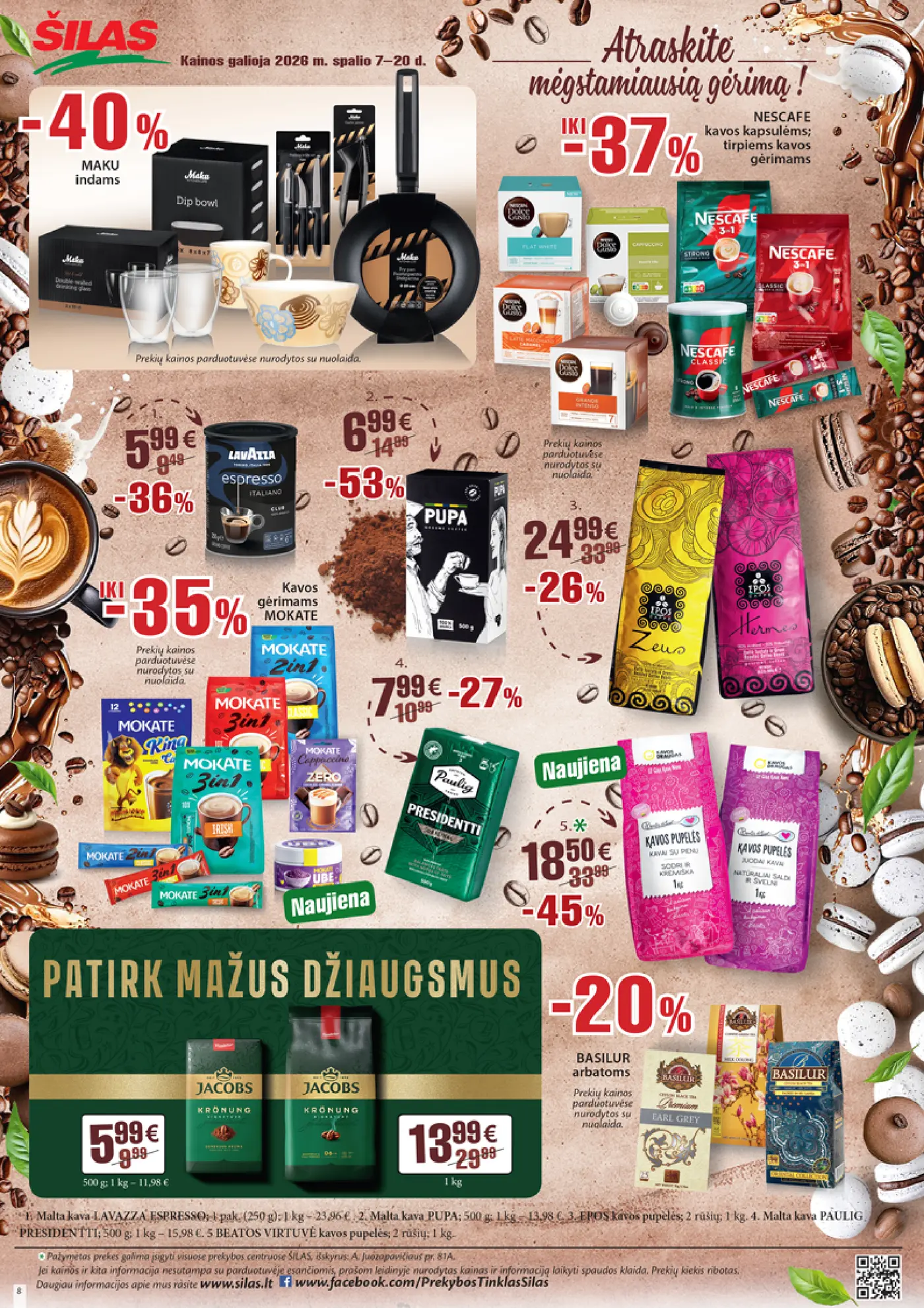 Šilas leidinys Nr. 20 – 8 puslapis: MAKU indams, NESCAFE kavos kapsulėms; tirpiems kavos gėrimams, Malta kava LAVAZZA ESPRESSO, 250 g