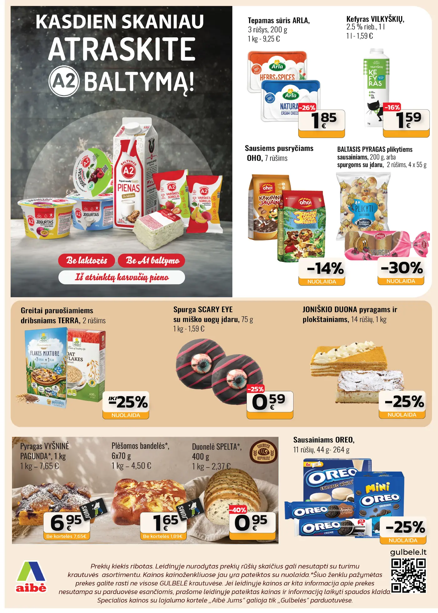 Gulbelės leidinys Nr. 19 – 2 puslapis: Tepamas sūris ARLA, 200 g, Kefyras VILKYŠKIŲ, 1 l, Sausiems pusryčiams OHO!