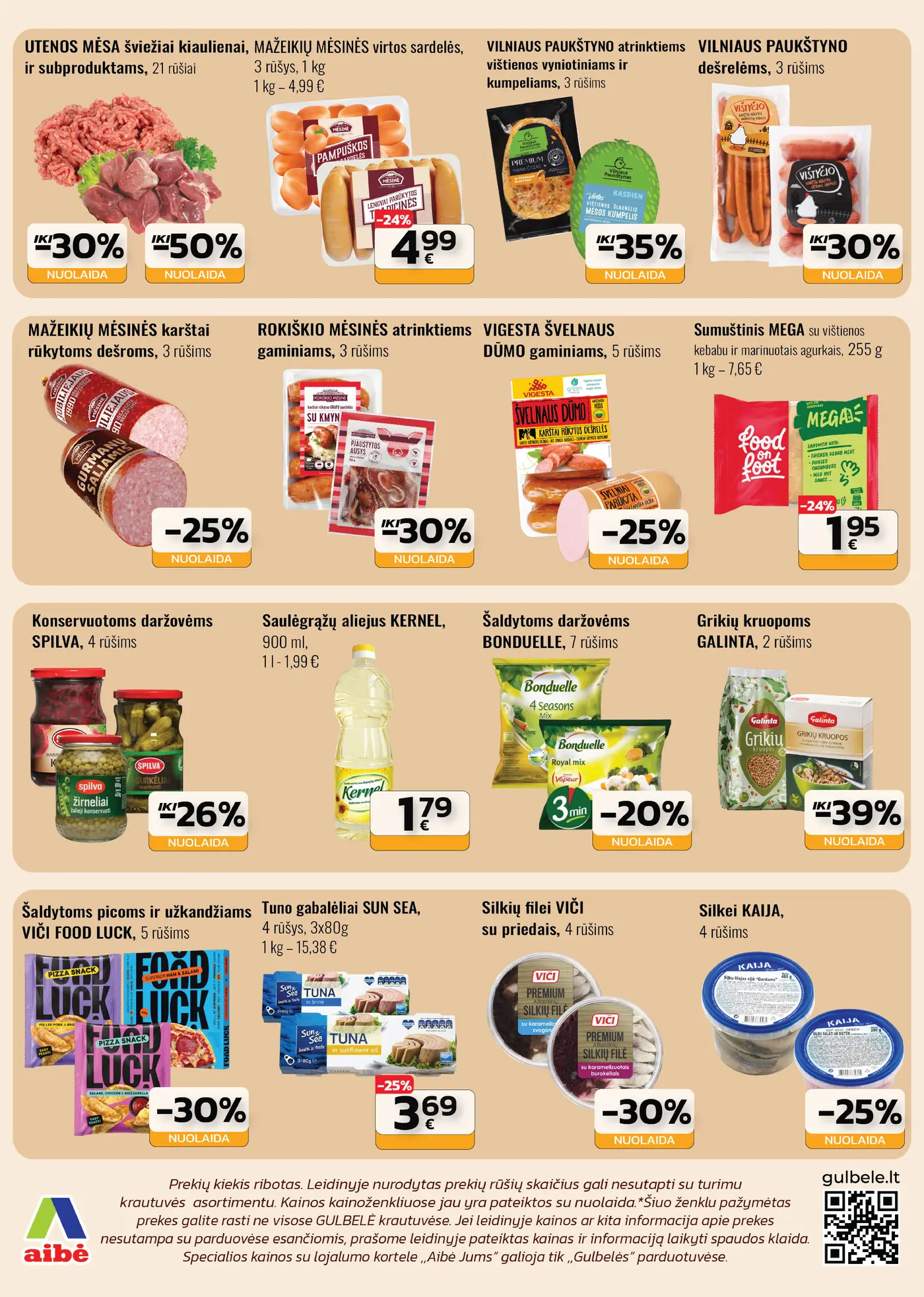 Gulbelės leidinys Nr. 19 – 3 puslapis: UTENOS MĖSA šviežiai kiaulienai, ir subproduktams, MAŽEIKIŲ MĖSINĖS virtos sardelės, 1 kg, VILNIAUS PAUKŠTYNO atrinktiems vištienos vyniotiniams ir kumpeliams