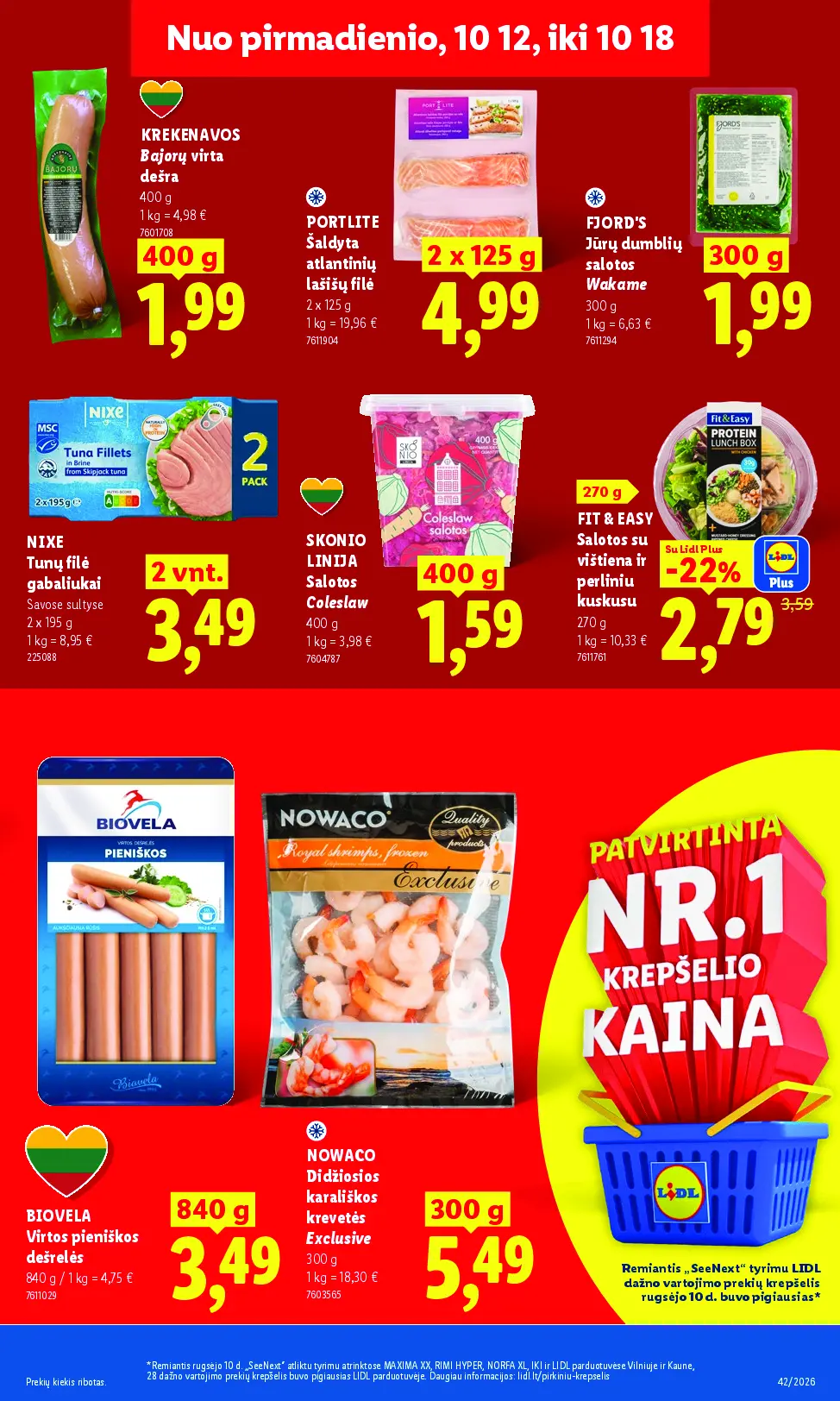 Naujas Lidl nuolaidų leidinys - MAISTO PREKIŲ PASIŪLYMAI Nr.42 – 11 puslapis: KREKENAVOS Bajorų virta dešra, 400 g, PORTLITE Šaldyta atlantinių lašišų filė, 2 x 125 g, Jūrų dumblių salotos FJORD'S Wakame, 300 g
