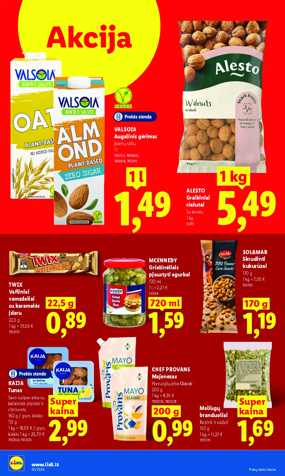 Naujas Lidl nuolaidų leidinys - MAISTO PREKIŲ PASIŪLYMAI Nr.42 – 12 puslapis: VALSOIA Augalinis gėrimas, 1 l, ALESTO Graikiniai riešutai, 1 kg, TWIX Vafliniai vamzdeliai su karamelės įdaru, 22.5 g