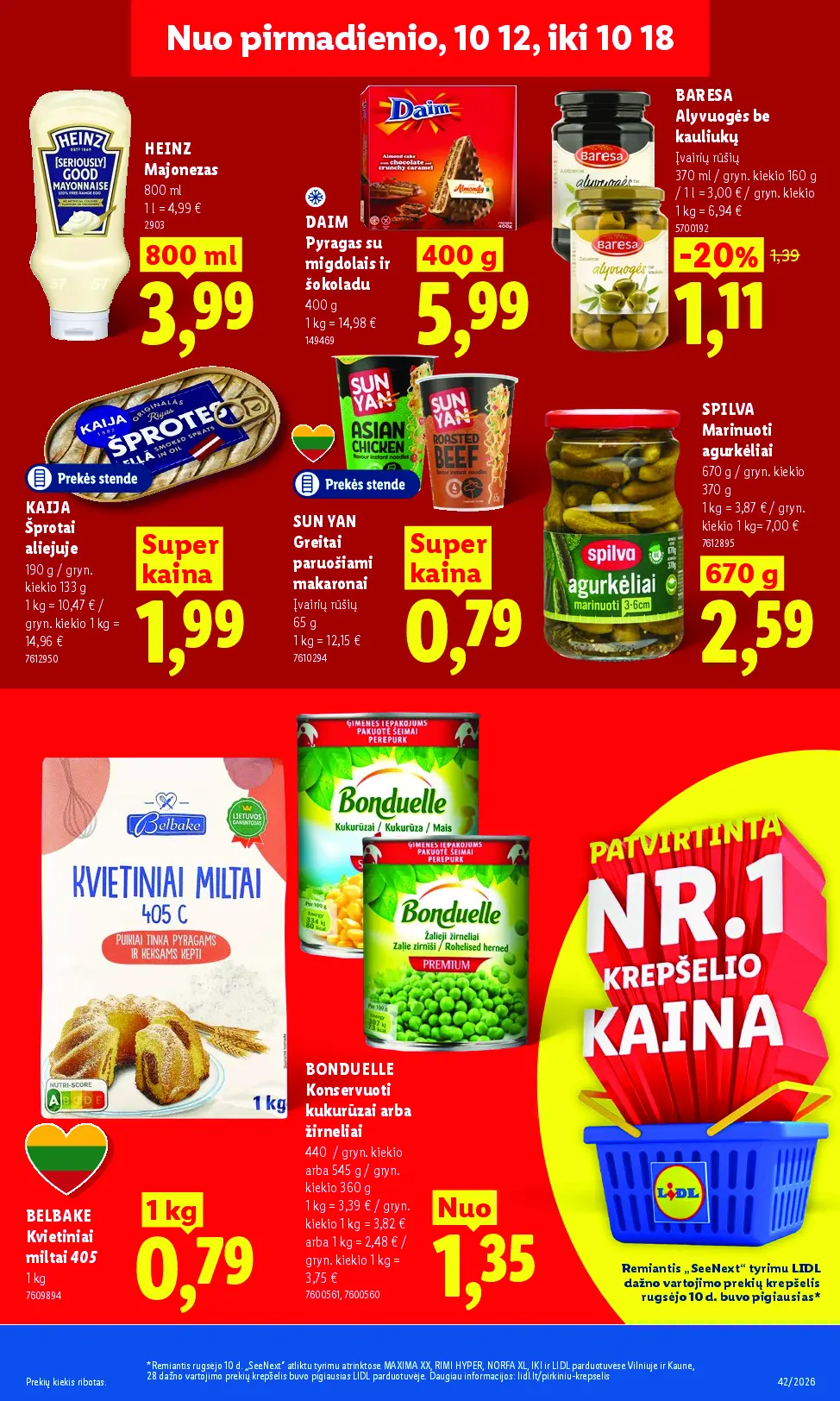 Naujas Lidl nuolaidų leidinys - MAISTO PREKIŲ PASIŪLYMAI Nr.42 – 13 puslapis: HEINZ Majonezas, 800 ml, DAIM Pyragas su migdolais ir šokoladu, 400 g, BARESA Alyvuogės be kauliukų, 370 ml