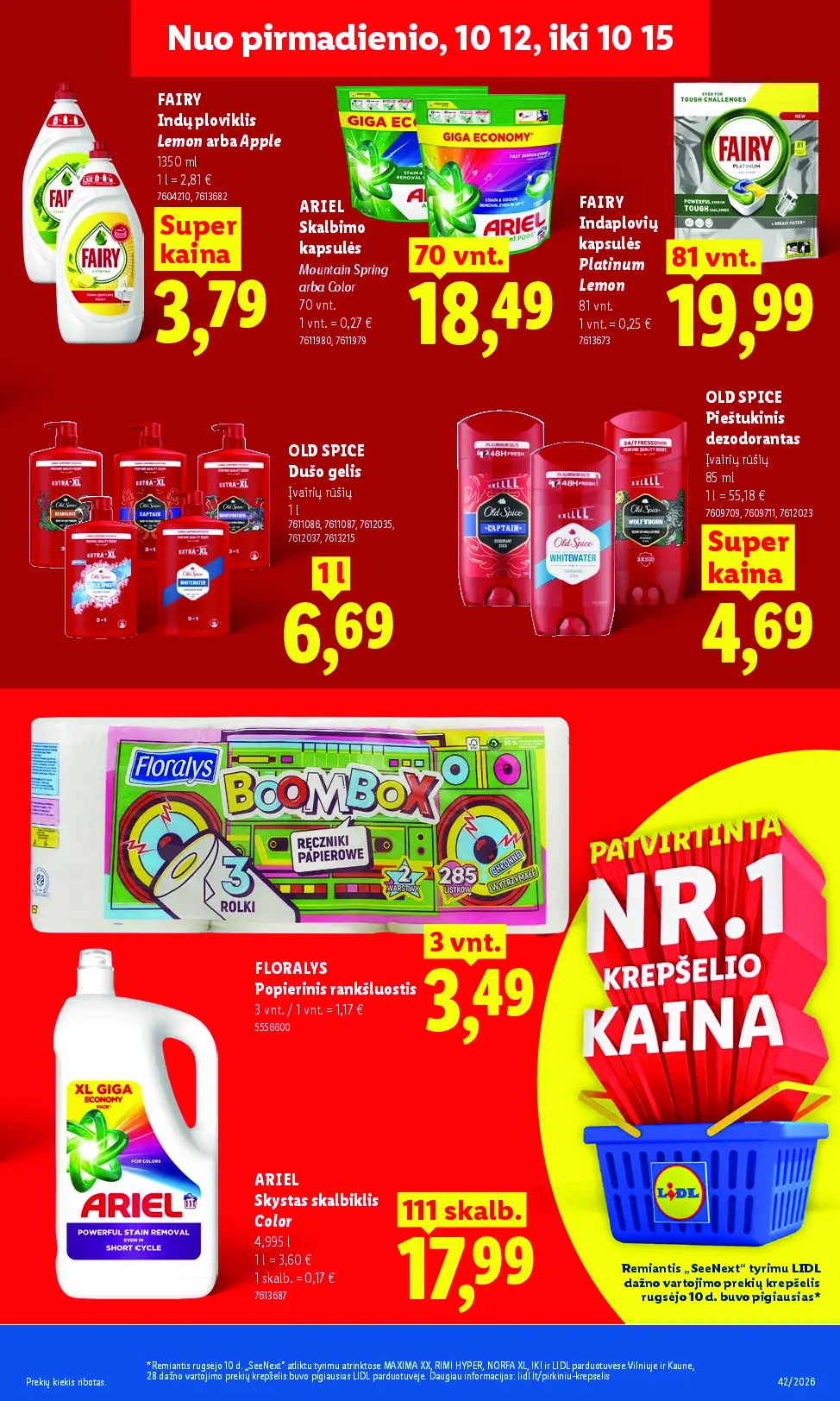 Naujas Lidl nuolaidų leidinys - MAISTO PREKIŲ PASIŪLYMAI Nr.42 – 15 puslapis: FAIRY indų ploviklis Lemon arba Apple, 1350 ml, ARIEL Skalbimo kapsulės Mountain Spring arba Color, 70 vnt, Indaplovių kapsulės FAIRY PLATINUM LEMON, 81 vnt