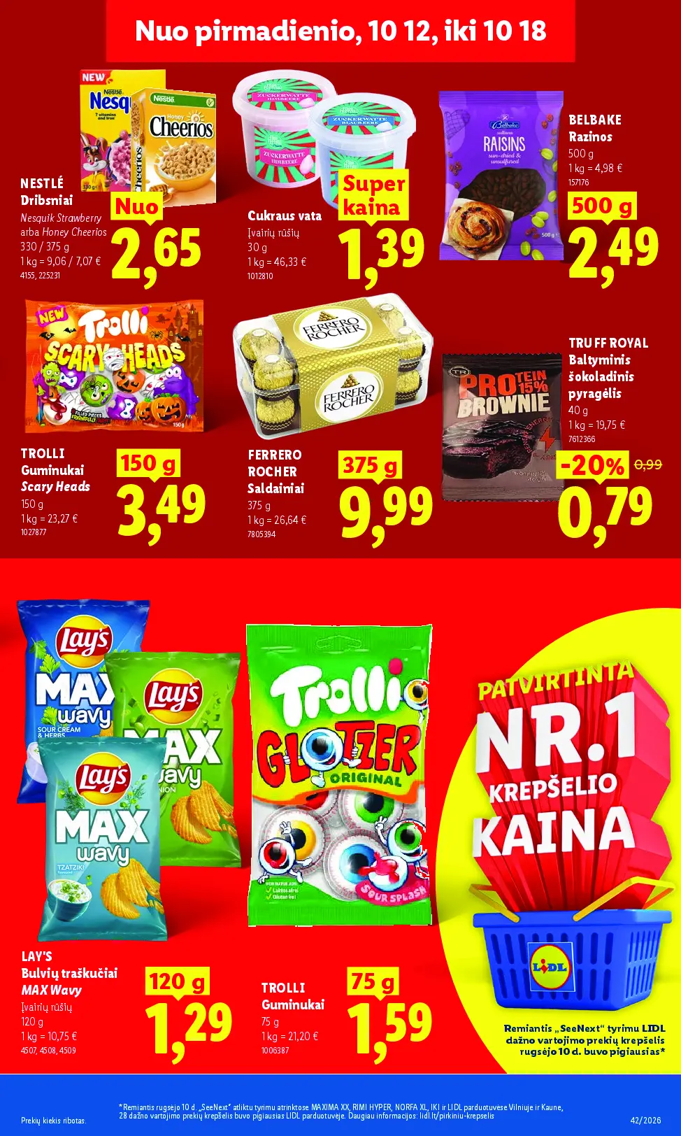 Naujas Lidl nuolaidų leidinys - MAISTO PREKIŲ PASIŪLYMAI Nr.42 – 17 puslapis: NESTLÉ Dribsniai, 375 g, Cukraus vata, 30 g, BELBAKE Razinos, 500 g