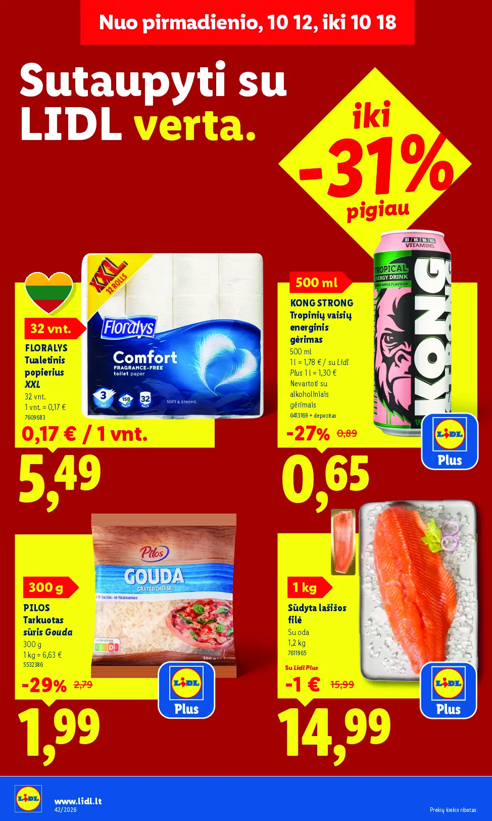 Naujas Lidl nuolaidų leidinys - MAISTO PREKIŲ PASIŪLYMAI Nr.42 – 2 puslapis: FLORALYS Tualetinis popierius XXL, 32 vnt, KONG STRONG Tropinių vaisių energinis gėrimas, 500 ml, PILOS Tarkuotas sūris Gouda, 300 g