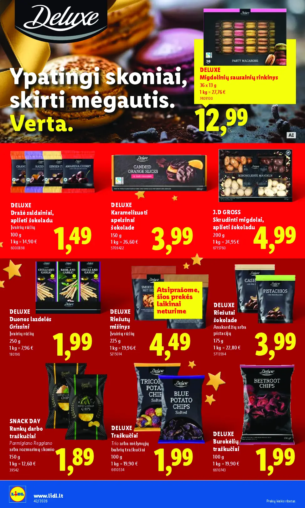 Naujas Lidl nuolaidų leidinys - MAISTO PREKIŲ PASIŪLYMAI Nr.42 – 20 puslapis: DELUXE Migdolinių sausainių rinkinys, 36 x 13 g, DELUXE Dražė saldainiai, aplieti šokoladu, 100 g, DELUXE Karamelizuoti apelsinai šokolade, 150 g