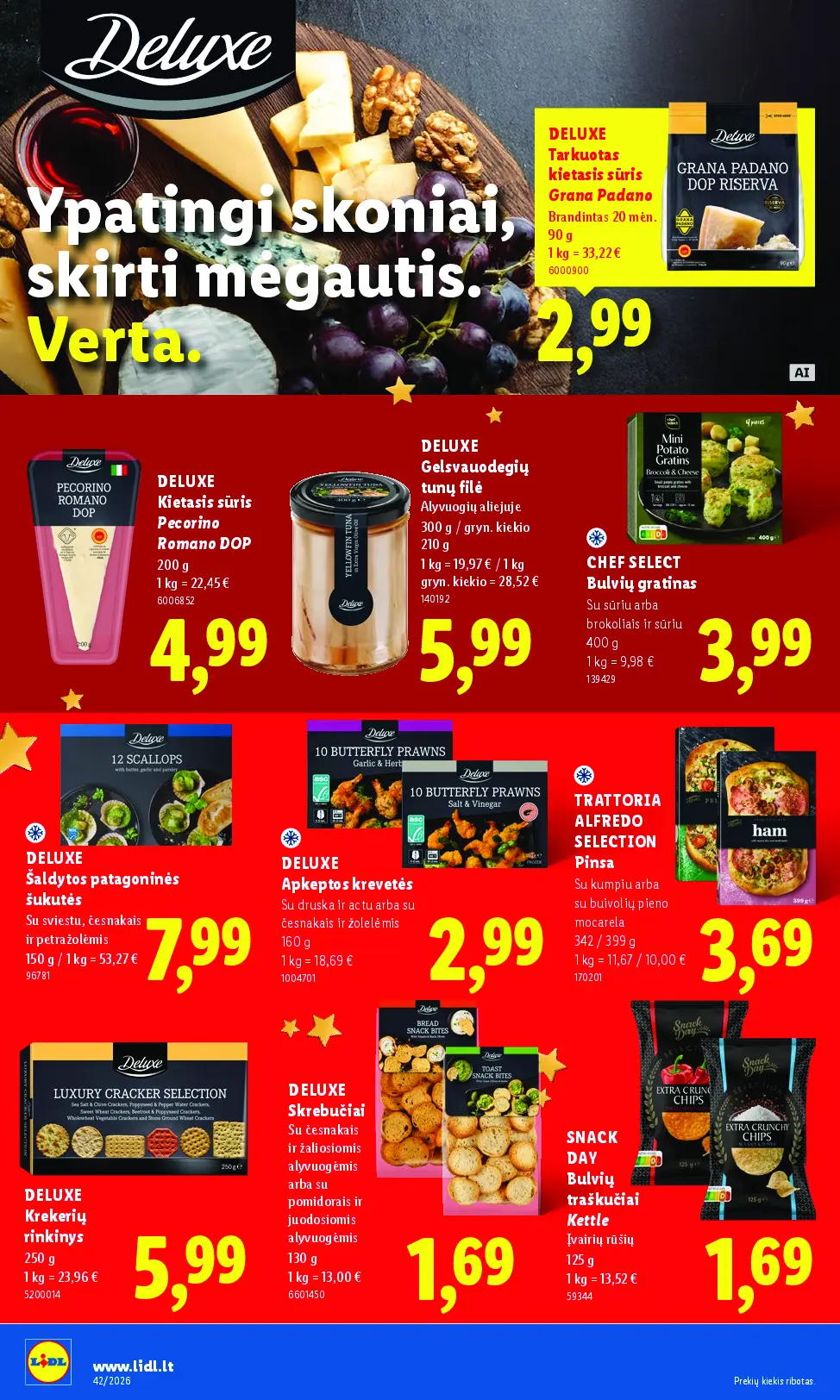 Naujas Lidl nuolaidų leidinys - MAISTO PREKIŲ PASIŪLYMAI Nr.42 – 22 puslapis: DELUXE Tarkuotas kietasis sūris Grana Padano, 90 g, DELUXE Kietasis sūris Pecorino Romano DOP, 200 g, DELUXE Gelsvauodegių tunų filė, 300 g
