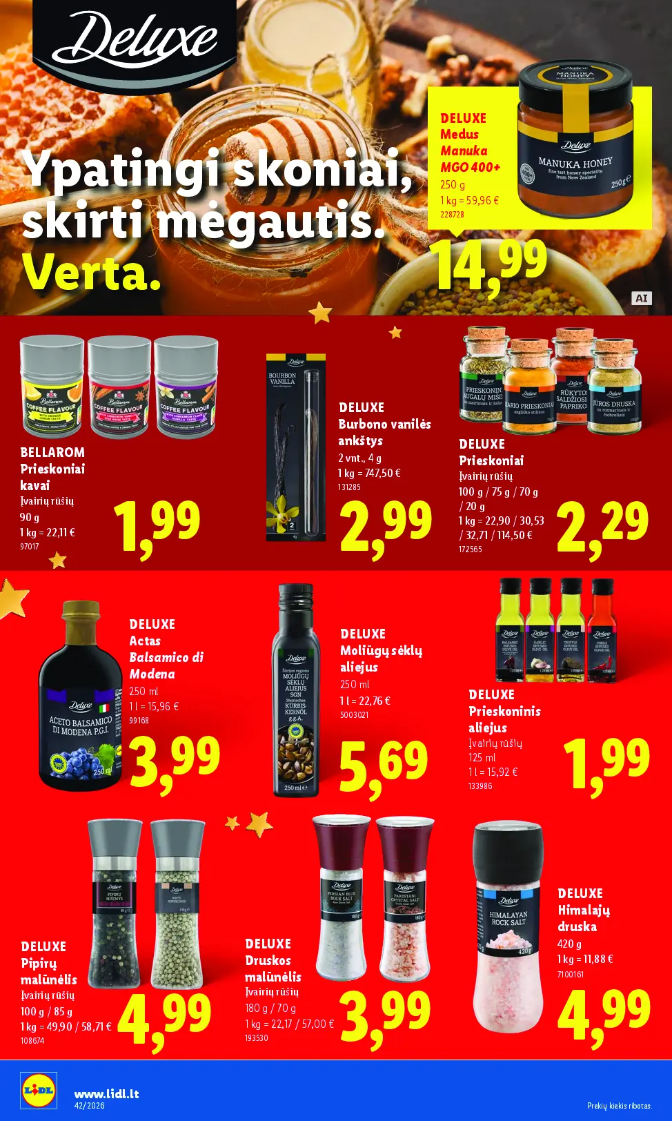 Naujas Lidl nuolaidų leidinys - MAISTO PREKIŲ PASIŪLYMAI Nr.42 – 24 puslapis: DELUXE Medus Manuka MGO 400+, 250 g, BELLAROM Prieskoniai kavai, 90 g, DELUXE Burbono vanilės ankštys, 2 vnt