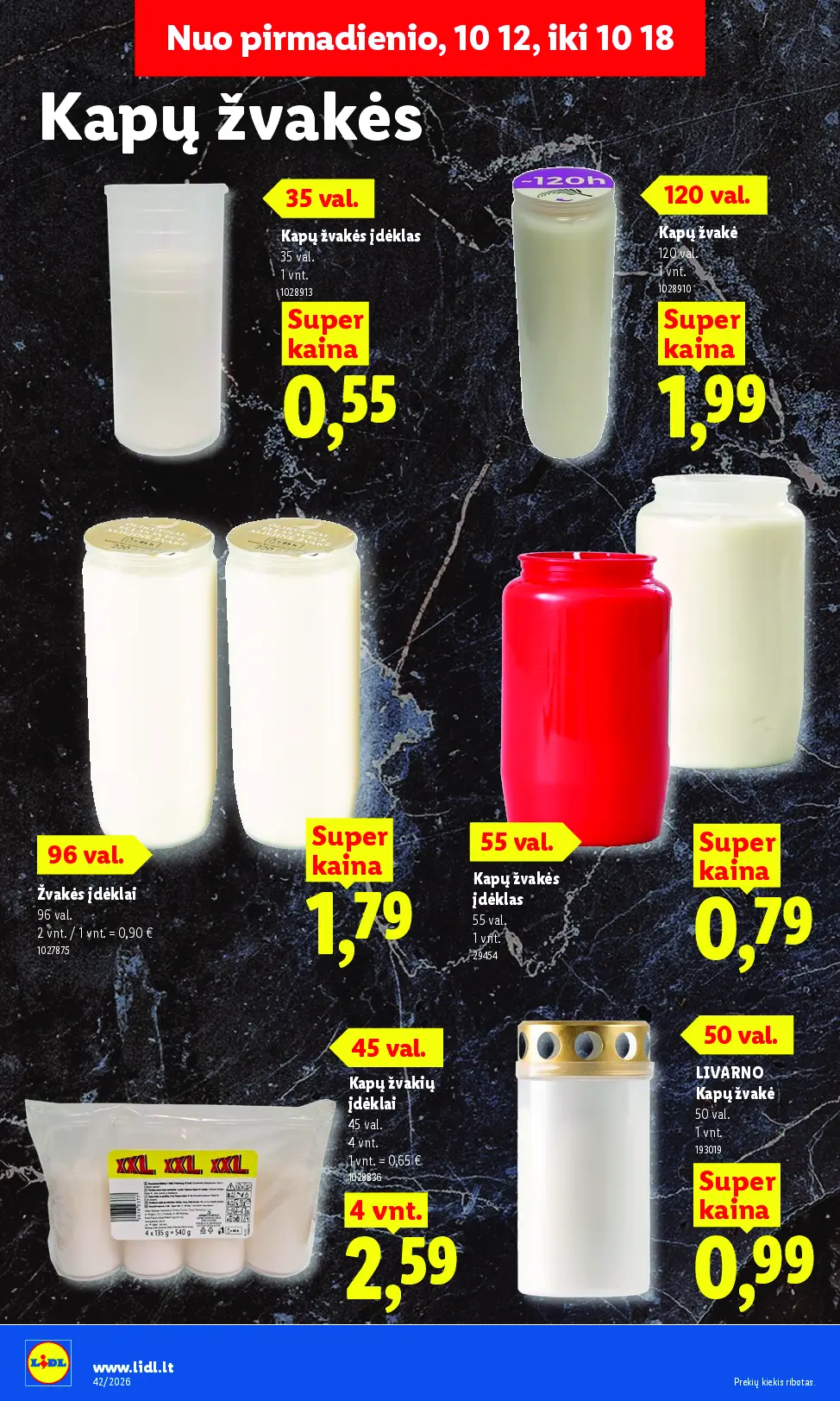 Naujas Lidl nuolaidų leidinys - MAISTO PREKIŲ PASIŪLYMAI Nr.42 – 26 puslapis: Kapų žvakės įdėklas "PT-10", Žvakės įdėklai, 2 vnt, Kapų žvakių įdėklai, 4 vnt