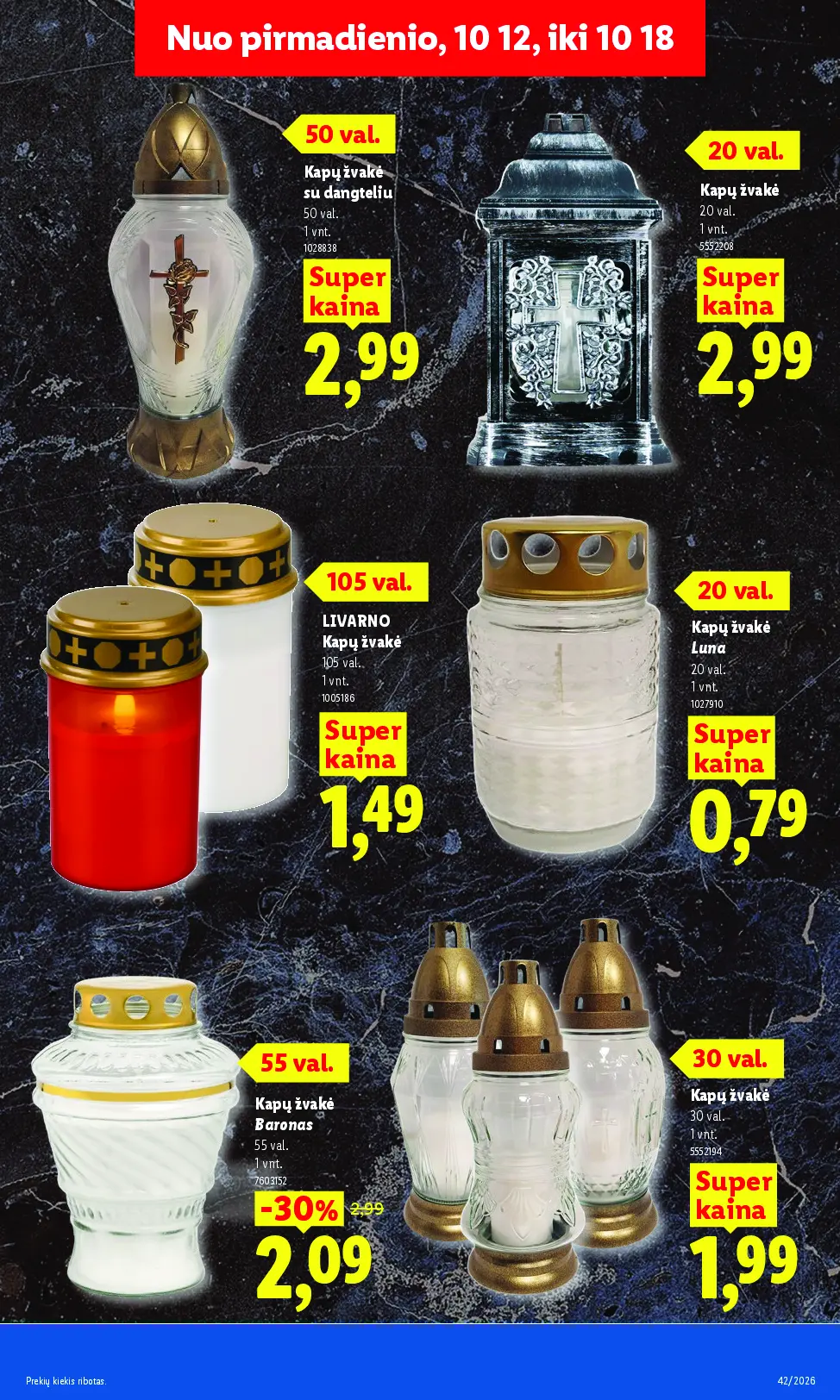 Naujas Lidl nuolaidų leidinys - MAISTO PREKIŲ PASIŪLYMAI Nr.42 – 27 puslapis: Kapų žvakė, 1 vnt, LIVARNO Kapų žvakė, 1 vnt, Kapų žvakė su dangteliu, 1 vnt