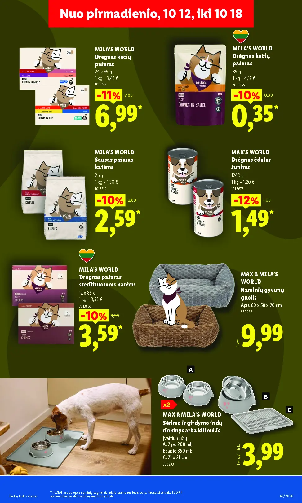Naujas Lidl nuolaidų leidinys - MAISTO PREKIŲ PASIŪLYMAI Nr.42 – 29 puslapis: MILA'S WORLD Drėgnas kačių pašaras, 24 x 85 g, MILA'S WORLD Drėgnas kačių pašaras, 85 g, MILA'S WORLD Sausas pašaras katėms, 2 kg