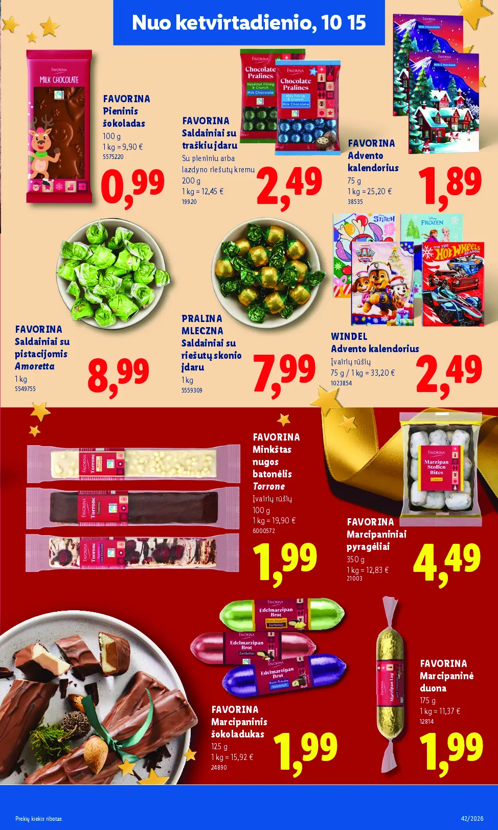 Naujas Lidl nuolaidų leidinys - MAISTO PREKIŲ PASIŪLYMAI Nr.42 – 31 puslapis: FAVORINA Pieninis šokoladas, 100 g, FAVORINA Saldainiai su traškiu įdaru, 200 g, FAVORINA Advento kalendorius, 75 g