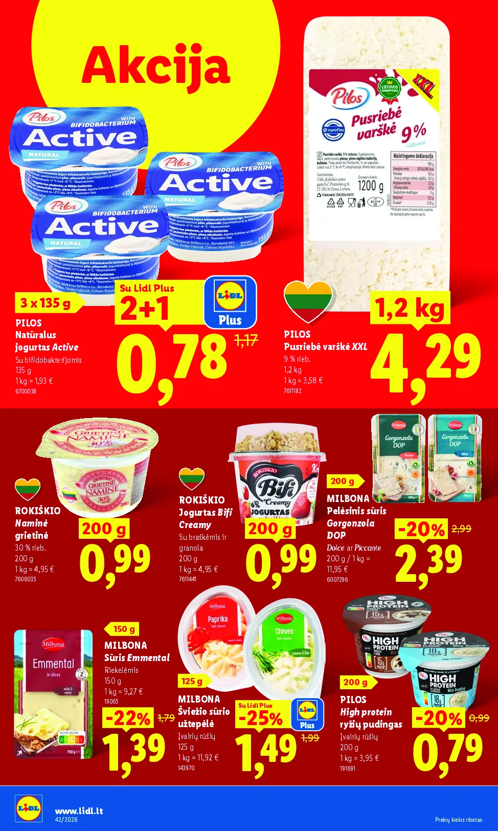 Naujas Lidl nuolaidų leidinys - MAISTO PREKIŲ PASIŪLYMAI Nr.42 – 34 puslapis: PILOS Natūralus jogurtas Active, 135 g, PILOS Pusriebė varškė XXL, 1.2 kg, ROKIŠKIO NAMINE grietinė, 200 g