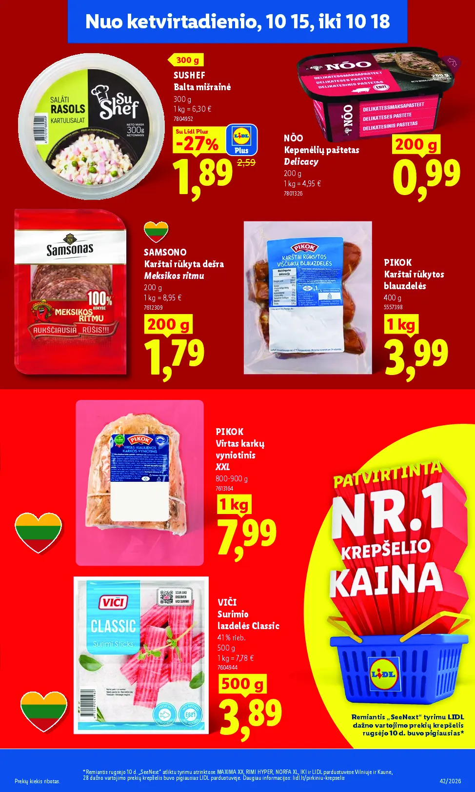 Naujas Lidl nuolaidų leidinys - MAISTO PREKIŲ PASIŪLYMAI Nr.42 – 35 puslapis: SUSHEF Balta mišrainė, 300 g, NÕO Kepenėlių paštetas Delicacy, 200 g, SAMSONO Karštai rūkyta dešra Meksikos ritmu, 200 g