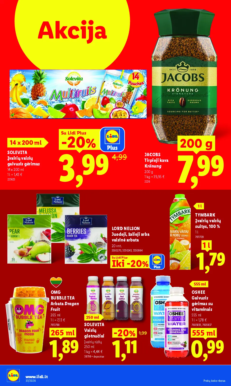 Naujas Lidl nuolaidų leidinys - MAISTO PREKIŲ PASIŪLYMAI Nr.42 – 36 puslapis: SOLEVITA Įvairių vaisių gaivusis gėrimas, 14 x 200 ml, JACOBS Tirpioji kava Krönung, 200 g, LORD NELSON Juodoji, žalioji arba vaisinė arbata, 20 vnt