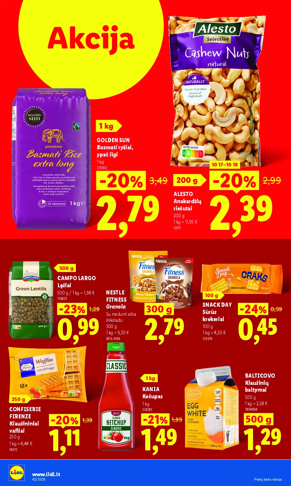 Naujas Lidl nuolaidų leidinys - MAISTO PREKIŲ PASIŪLYMAI Nr.42 – 38 puslapis: GOLDEN SUN Basmati ryžiai, 1 kg, ALESTO Anakardžių riešutai, 200 g, CAMPO LARGO Lęšiai, 500 g