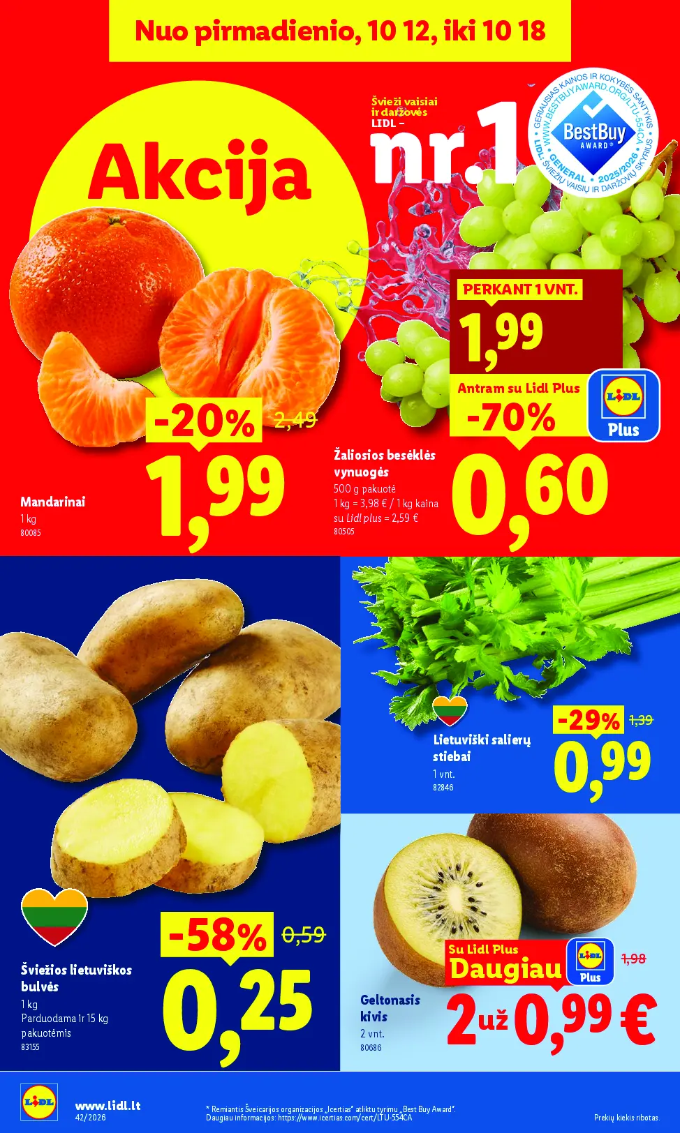 Naujas Lidl nuolaidų leidinys - MAISTO PREKIŲ PASIŪLYMAI Nr.42 – 4 puslapis: Žaliosios besėklės vynuogės, 500 g, Mandarinams, 1 kg, Šviežios lietuviškos bulvės, 1 kg