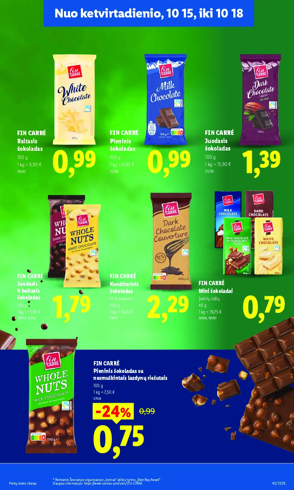 Naujas Lidl nuolaidų leidinys - MAISTO PREKIŲ PASIŪLYMAI Nr.42 – 41 puslapis: FIN CARRÉ Baltasis šokoladas, 100 g, FIN CARRÉ Pieninis šokoladas, 100 g, FIN CARRÉ Juodasis šokoladas, 100 g