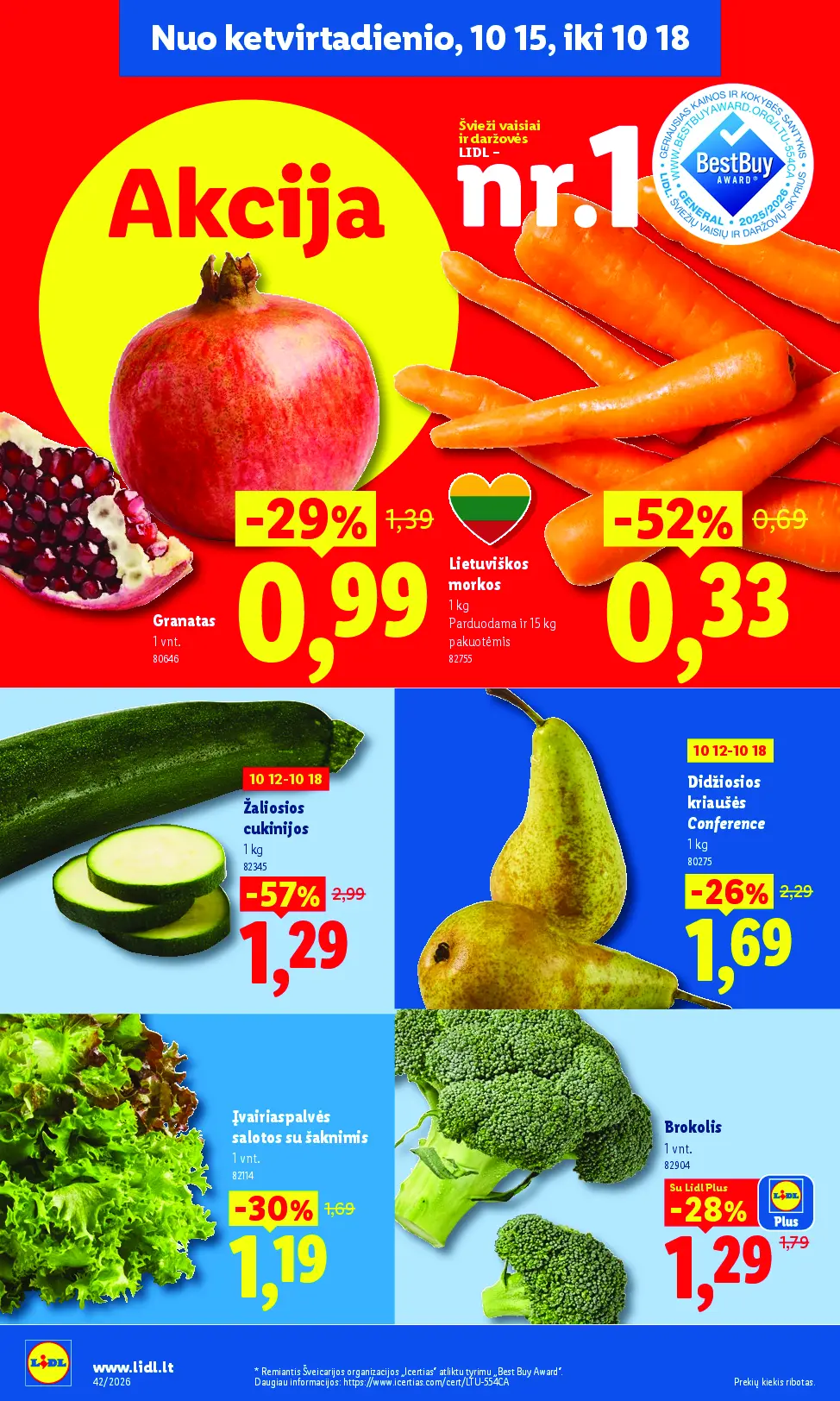 Naujas Lidl nuolaidų leidinys - MAISTO PREKIŲ PASIŪLYMAI Nr.42 – 44 puslapis: Lietuviškos morkos, 1 kg, Žaliosios cukinijos , 1 kg, Didžiosios kriaušės CONFERENCE, 1 kg