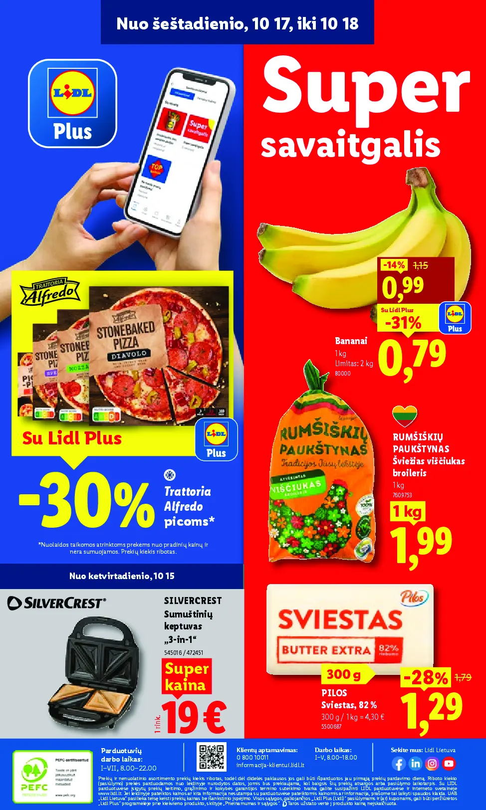 Naujas Lidl nuolaidų leidinys - MAISTO PREKIŲ PASIŪLYMAI Nr.42 – 48 puslapis: Trattoria Alfredo picoms, RUMŠIŠKIŲ PAUKŠTYNAS Šviežias viščiukas broileris, 1 kg, SILVERCREST Sumuštinių keptuvas „3-in-1“, 1 rink.