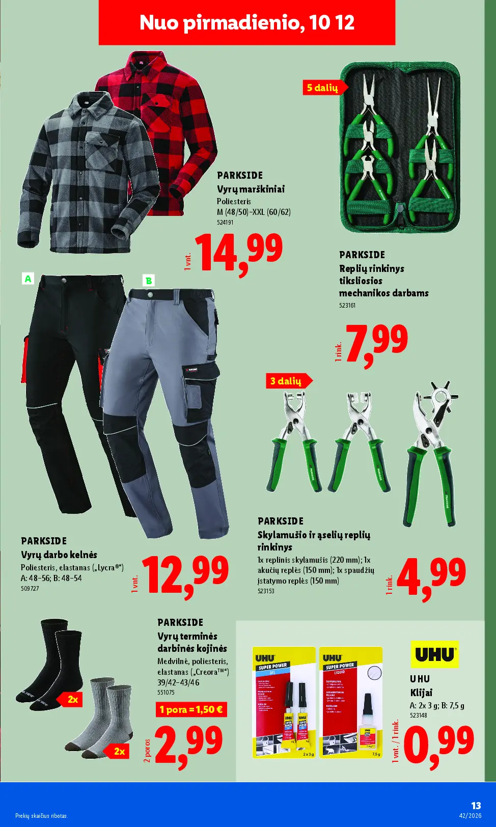 Naujas Lidl nuolaidų leidinys - NE MAISTO PREKIŲ PASIŪLYMAI Nr.42 – 13 puslapis: PARKSIDE Vyrų marškiniai, PARKSIDE Replių rinkinys tiksliosios mechanikos darbams, PARKSIDE Vyrų darbo kelnės
