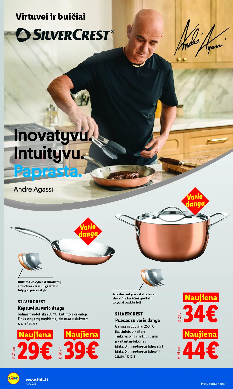 Naujas Lidl nuolaidų leidinys - NE MAISTO PREKIŲ PASIŪLYMAI Nr.42 – 18 puslapis: SILVERCREST Keptuvė su vario danga, 24 cm, SILVERCREST Keptuvė su vario danga, 28 cm, SILVERCREST Puodas su vario danga, 20 cm