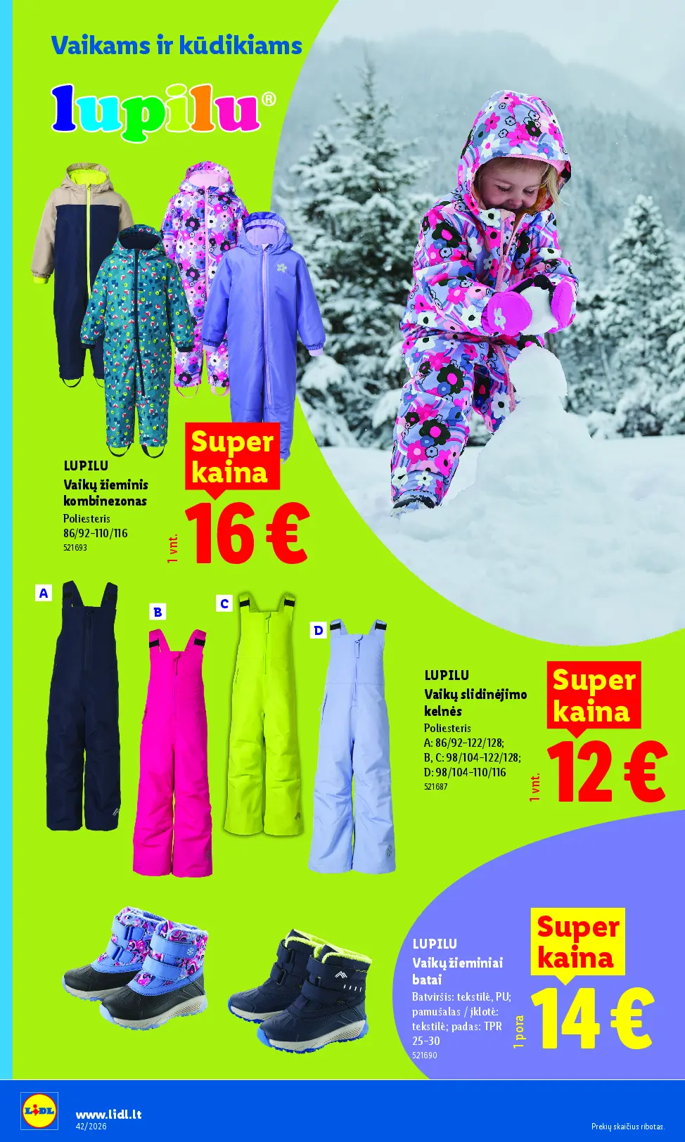 Naujas Lidl nuolaidų leidinys - NE MAISTO PREKIŲ PASIŪLYMAI Nr.42 – 2 puslapis: LUPILU Vaikų žieminis kombinezonas, LUPILU Vaikų slidinėjimo kelnės, LUPILU Vaikų žieminiai batai