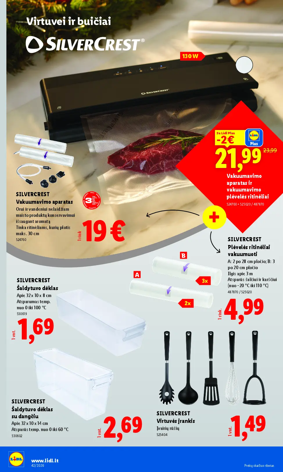 Naujas Lidl nuolaidų leidinys - NE MAISTO PREKIŲ PASIŪLYMAI Nr.42 – 20 puslapis: SILVERCREST Vakuumavimo aparatas, 30 cm, Vakuumavimo aparatas ir vakuumavimo plėvelės ritinėliai, SILVERCREST Plėvelės ritinėliai vakuumuoti, 28 cm