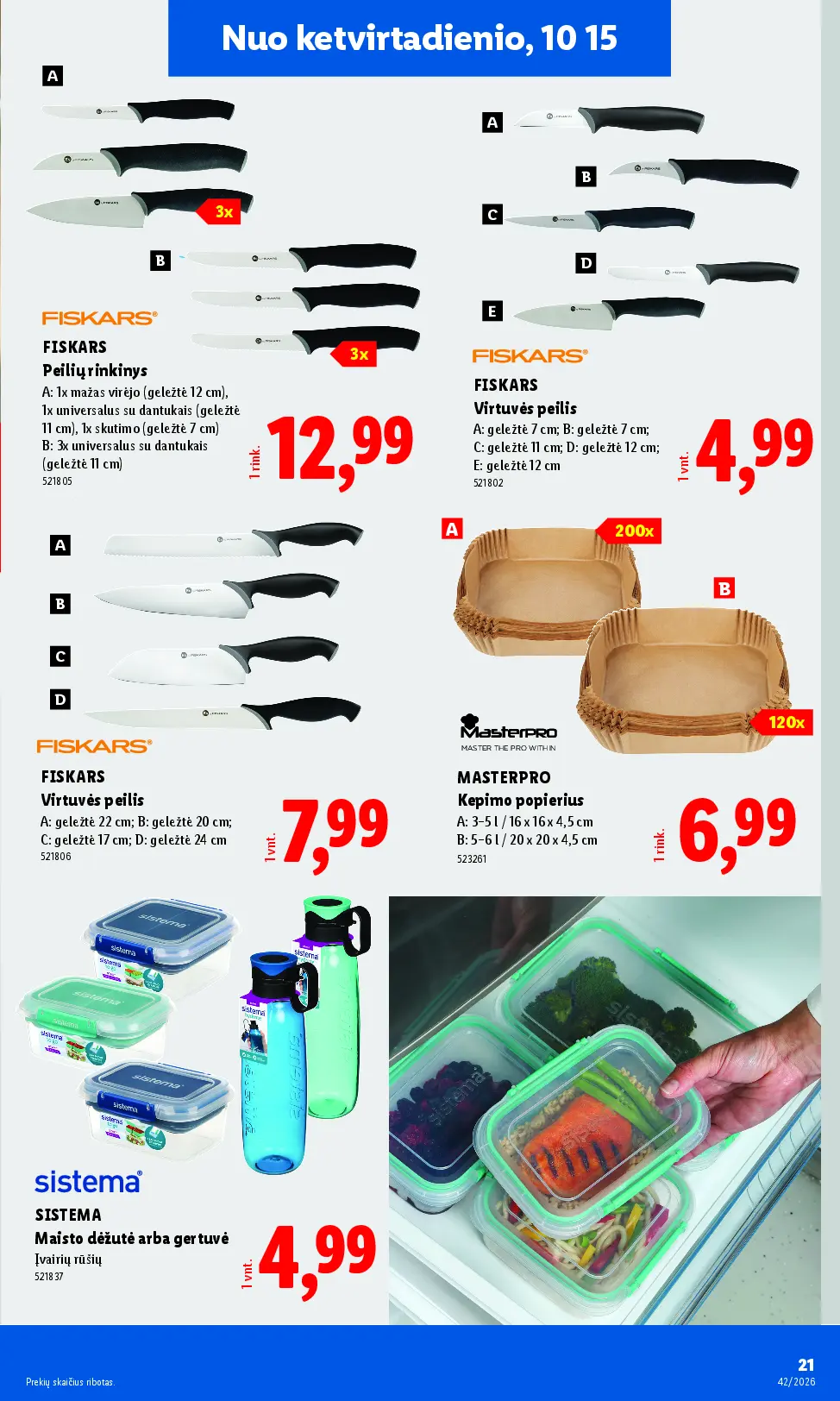 Naujas Lidl nuolaidų leidinys - NE MAISTO PREKIŲ PASIŪLYMAI Nr.42 – 21 puslapis: FISKARS Peilių rinkinys, 1 rink., FISKARS Virtuvės peilis, 1 vnt, MASTERPRO Kepimo popierius, 1 rink.