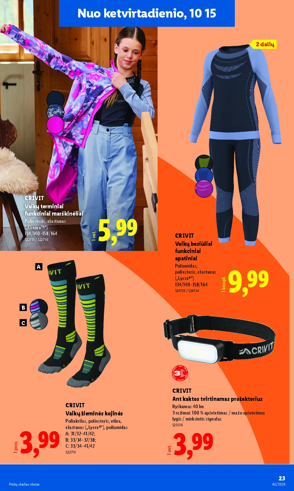 Naujas Lidl nuolaidų leidinys - NE MAISTO PREKIŲ PASIŪLYMAI Nr.42 – 23 puslapis: CRIVIT Vaikų terminiai funkciniai marškinėliai, CRIVIT Vaikų besiūliai funkciniai apatiniai, CRIVIT Vaikų žieminės kojinės