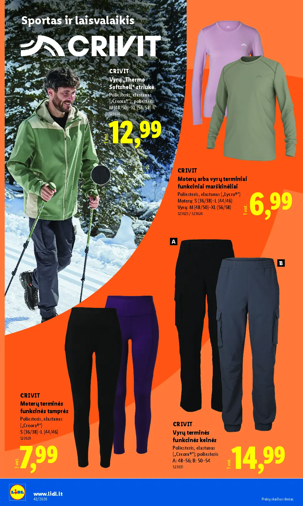 Naujas Lidl nuolaidų leidinys - NE MAISTO PREKIŲ PASIŪLYMAI Nr.42 – 24 puslapis: CRIVIT Vyrų „Thermo Softshell“ striukė, CRIVIT Moterų arba vyrų terminiai funkciniai marškinėliai, CRIVIT Moterų terminės funkcinės tamprės